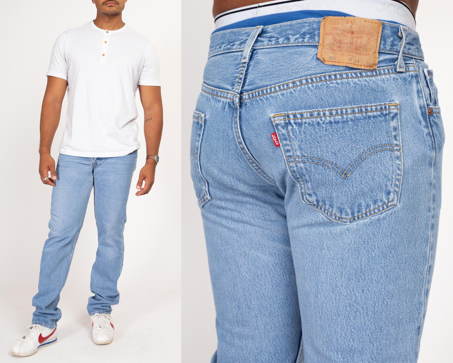 33" Waist 90s Levis 501 Jeans | Vintage Levi's Medium Wash Denim Button Fly Dad Jeans