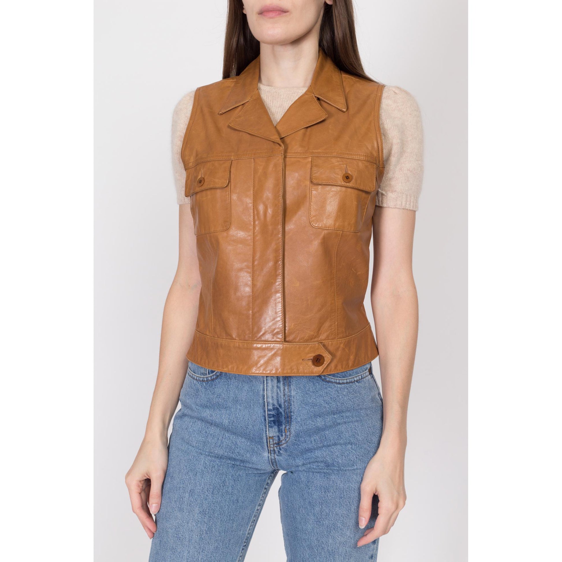 Medium 90s Ralph Lauren Sport Caramel Brown Leather Vest | Vintage Button Up Sleeveless Top