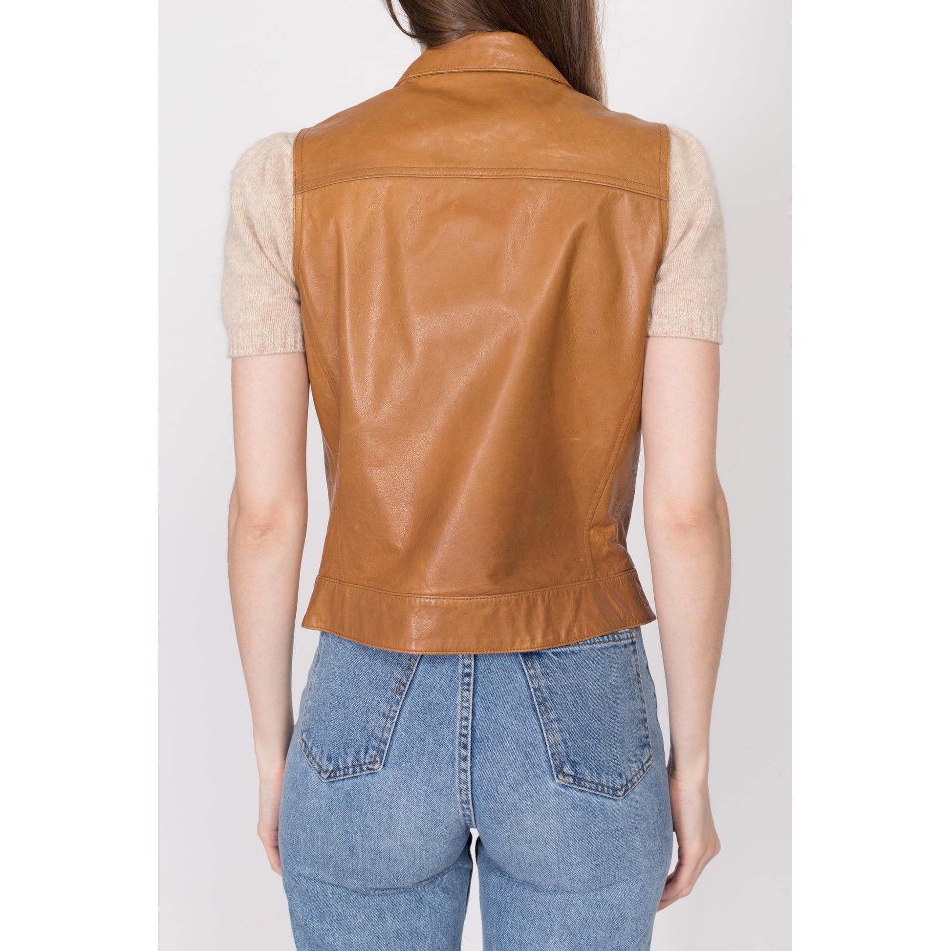 Medium 90s Ralph Lauren Sport Caramel Brown Leather Vest | Vintage Button Up Sleeveless Top