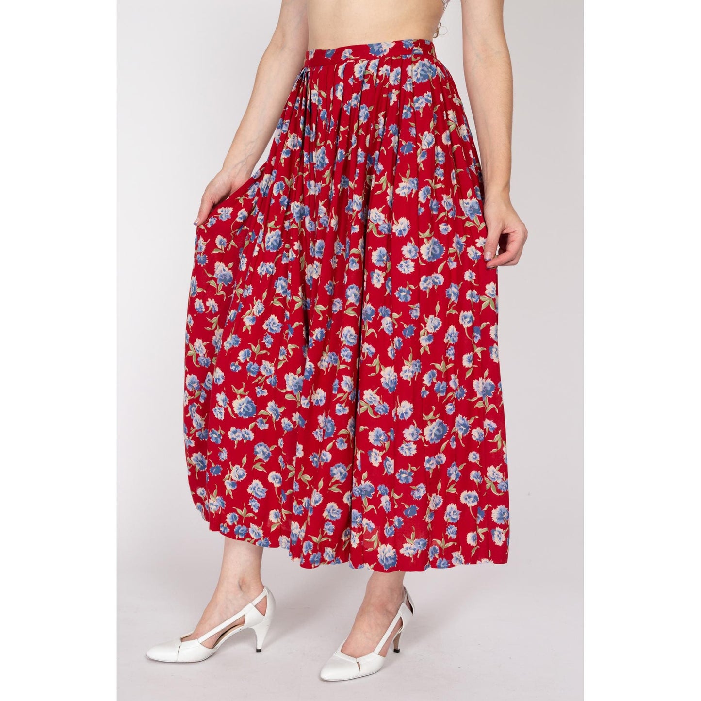 Medium 90s Ralph Lauren Red Floral Rayon Maxi Skirt | Vintage Boho Pleated High Waisted Flowy Skirt