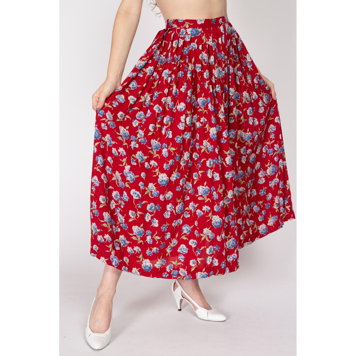 Medium 90s Ralph Lauren Red Floral Rayon Maxi Skirt | Vintage Boho Pleated High Waisted Flowy Skirt