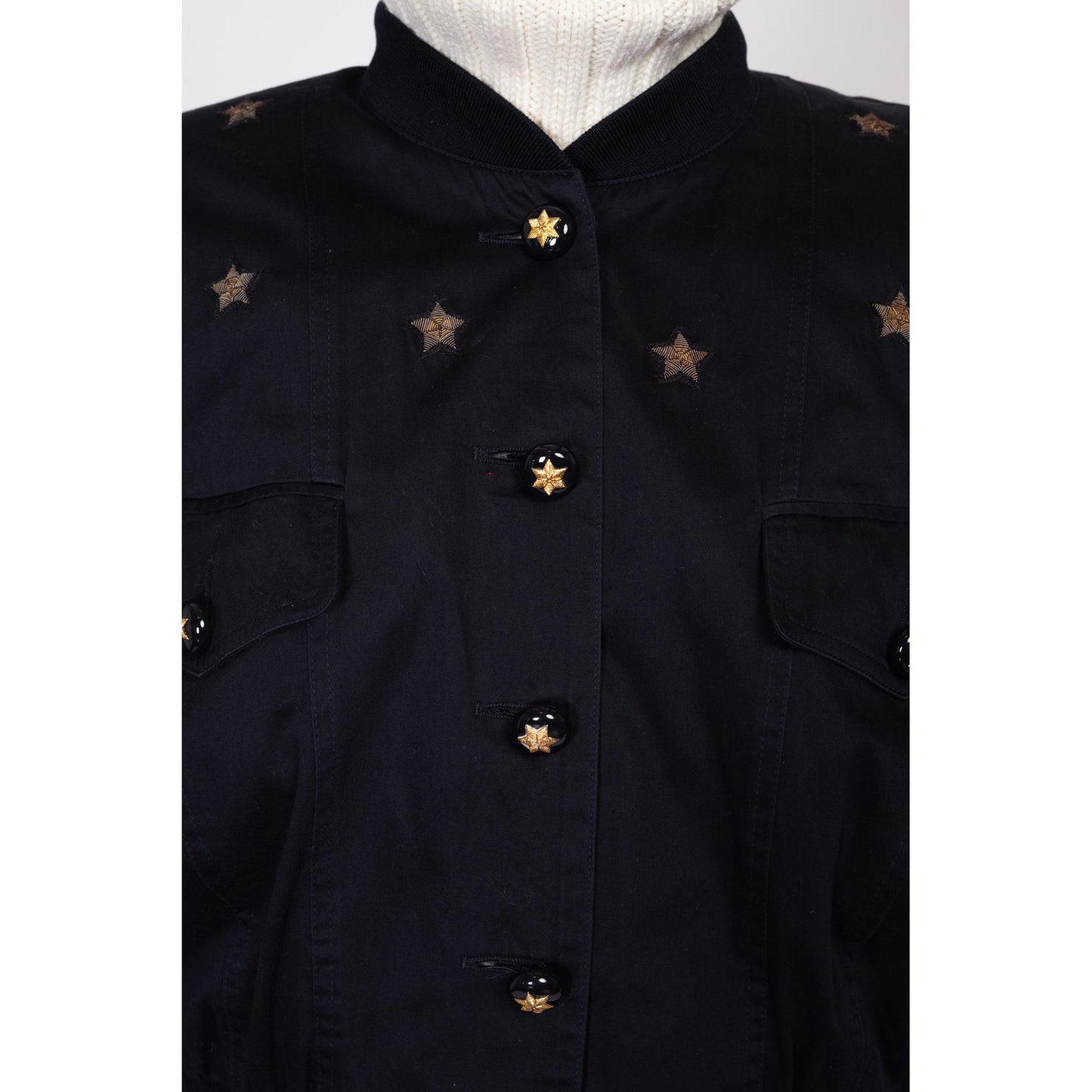 Large 80s Escada Black Star Bomber Jacket | Vintage Margaretha Ley Designer Embroidered Button Up Jacket