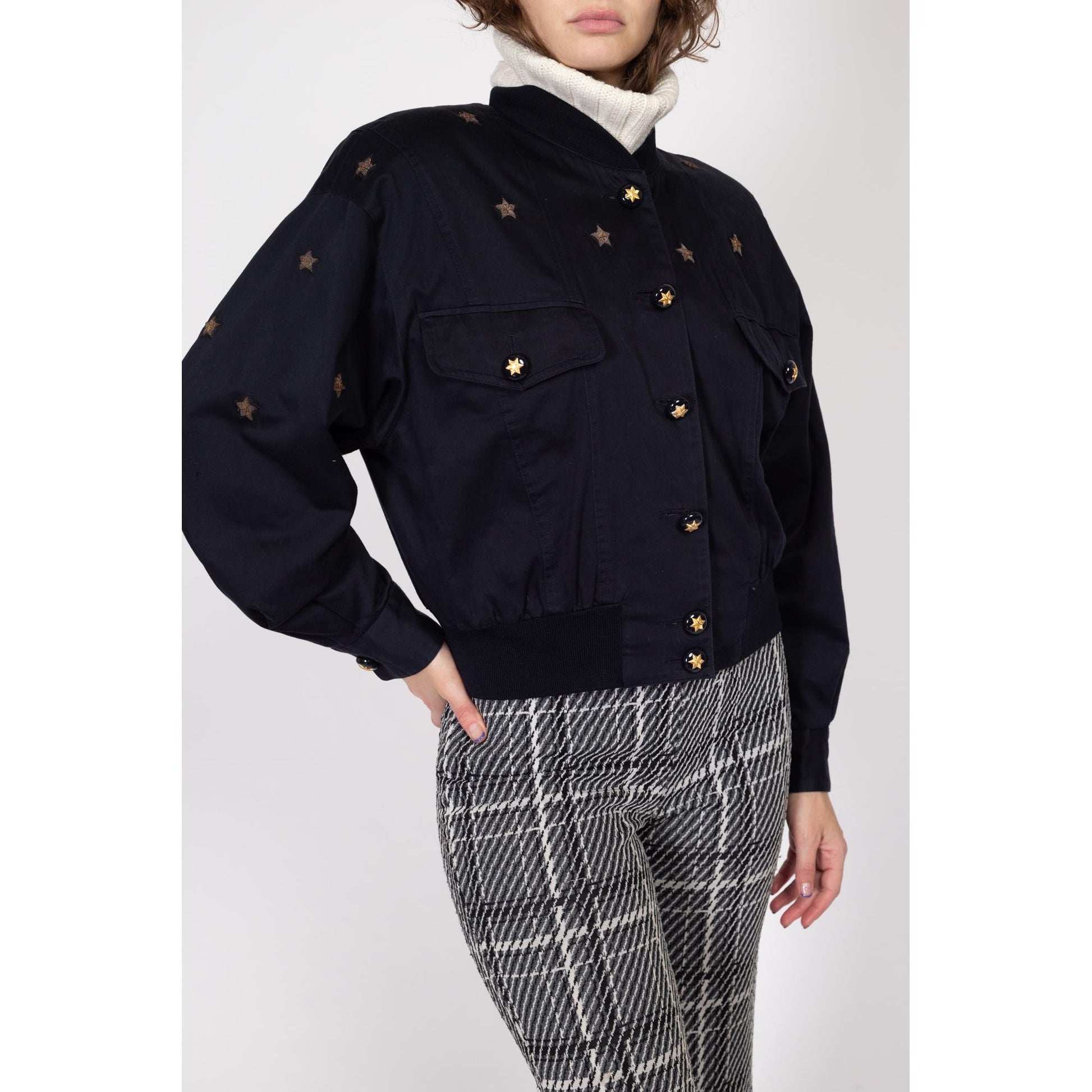 Large 80s Escada Black Star Bomber Jacket | Vintage Margaretha Ley Designer Embroidered Button Up Jacket