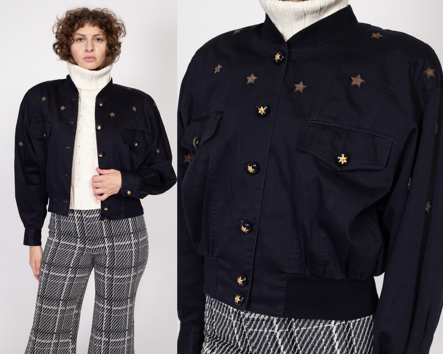 Large 80s Escada Black Star Bomber Jacket | Vintage Margaretha Ley Designer Embroidered Button Up Jacket