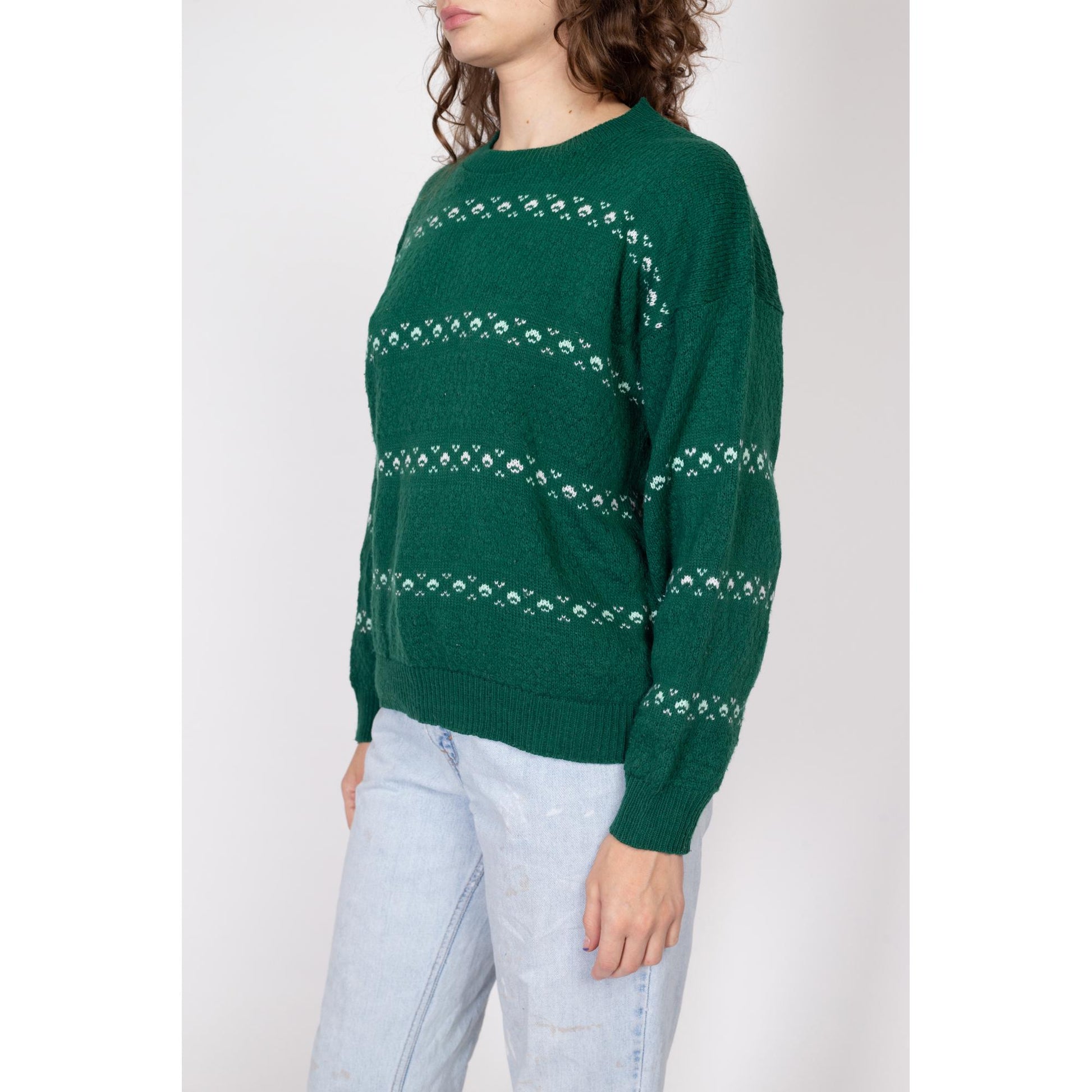 Large 80s Shamrock Green Striped Knit Sweater | Vintage Long Sleeved Pullover Jumper