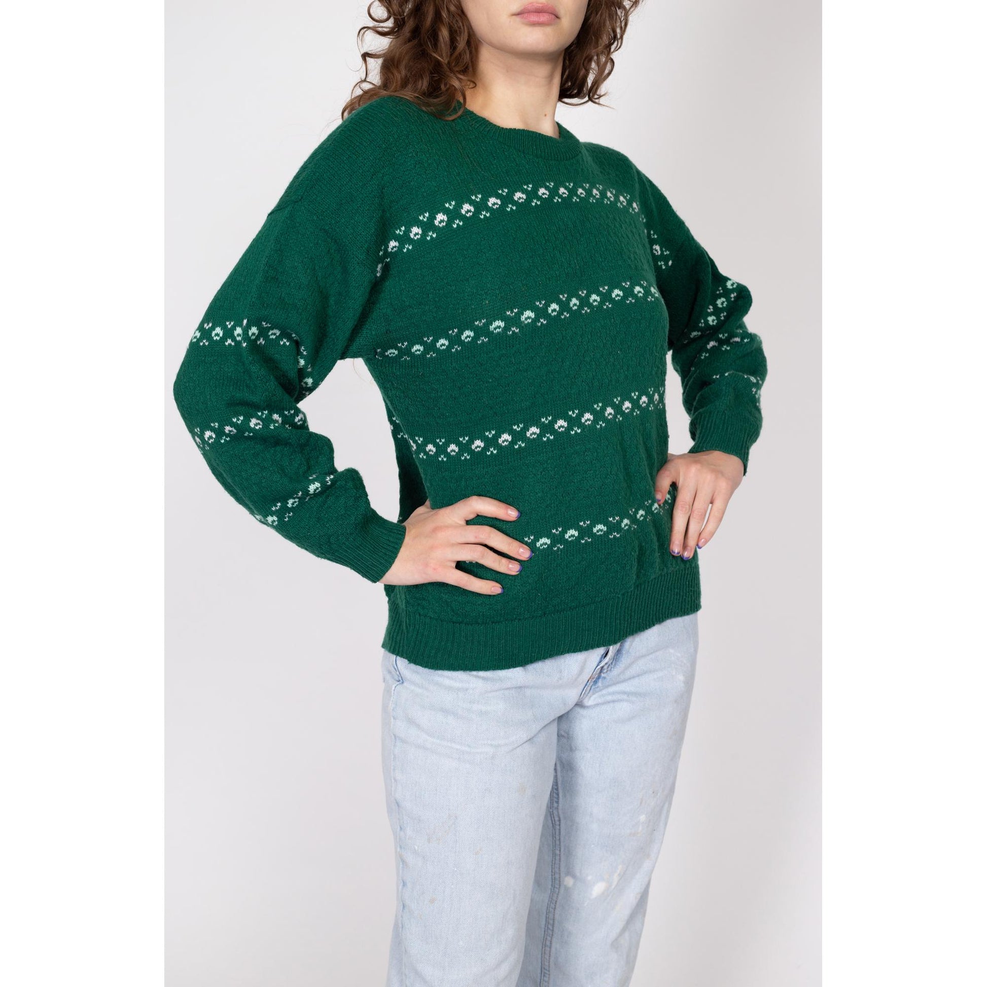 Large 80s Shamrock Green Striped Knit Sweater | Vintage Long Sleeved Pullover Jumper