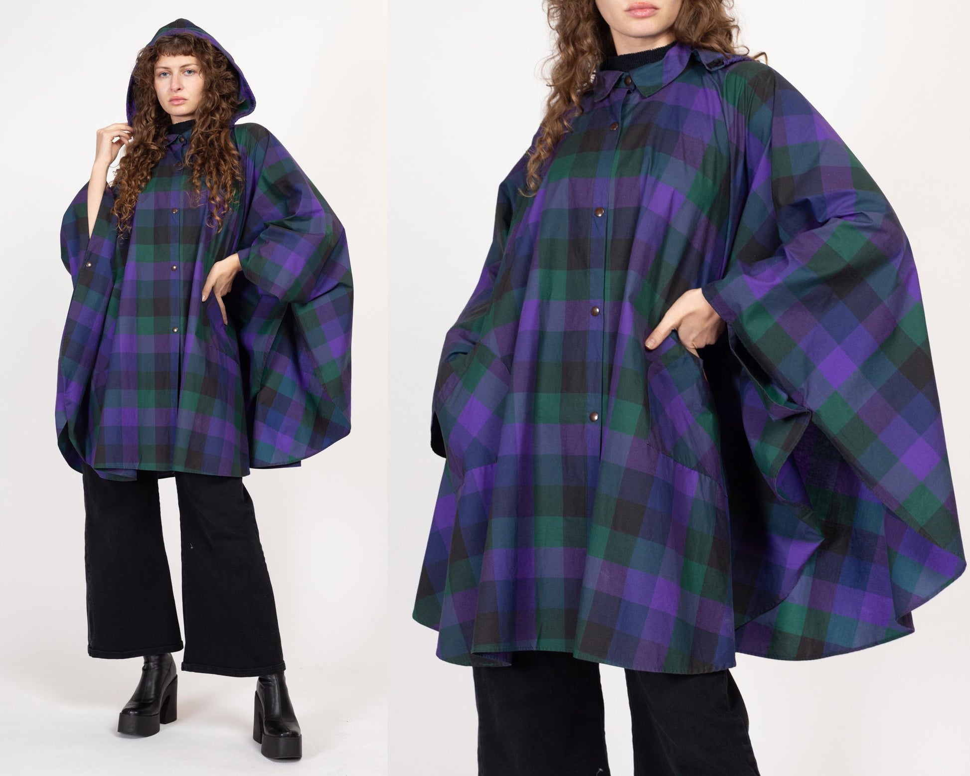 One Size 90s Purple Plaid Hooded Rain Poncho | Vintage Cotton Oversized Raincoat