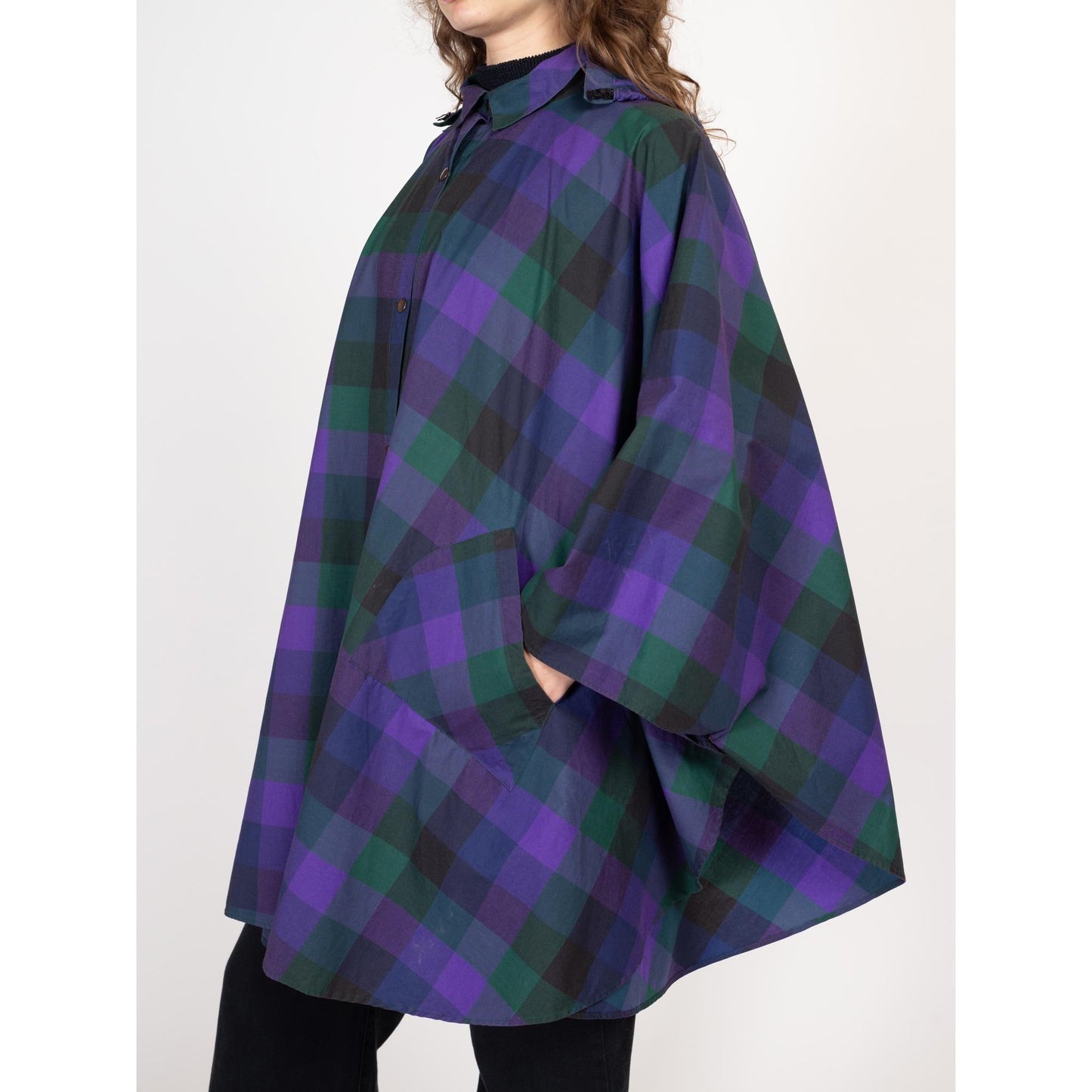 One Size 90s Purple Plaid Hooded Rain Poncho | Vintage Cotton Oversized Raincoat