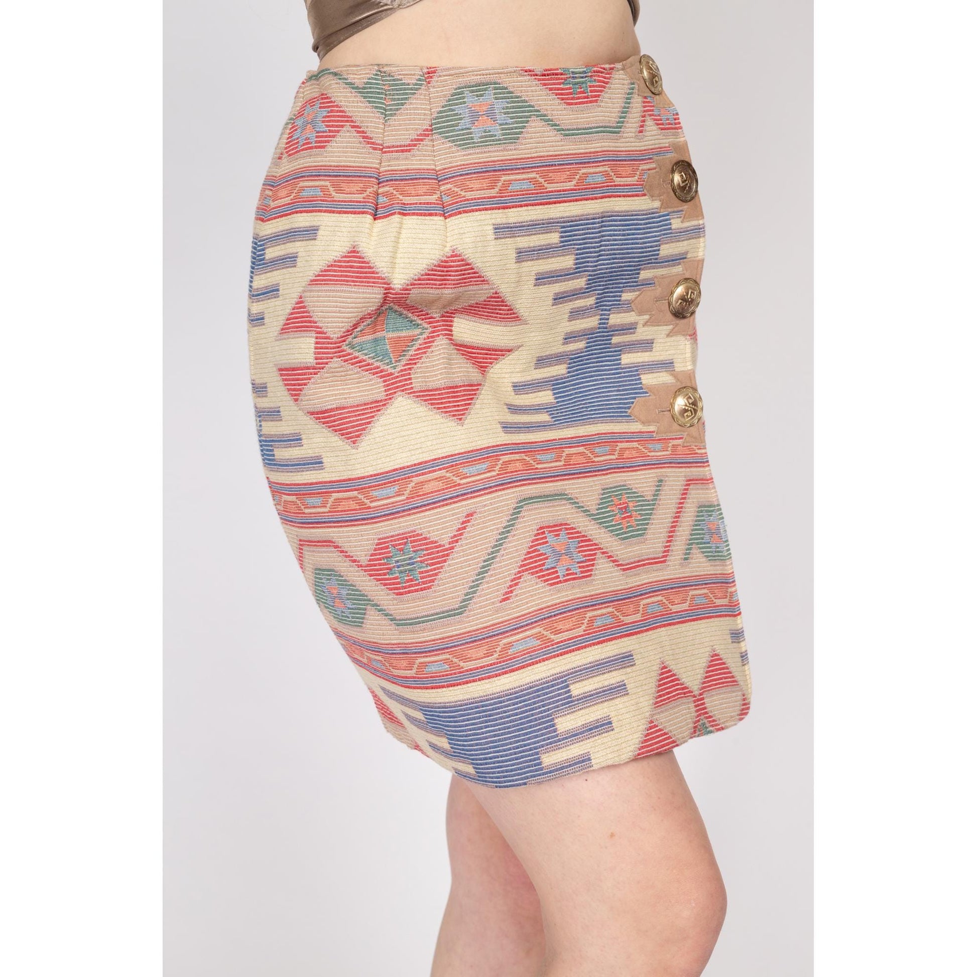 Small 90s Southwestern Woven Mini Pencil Skirt 26" | Vintage High Waisted Fitted Wrap Skirt