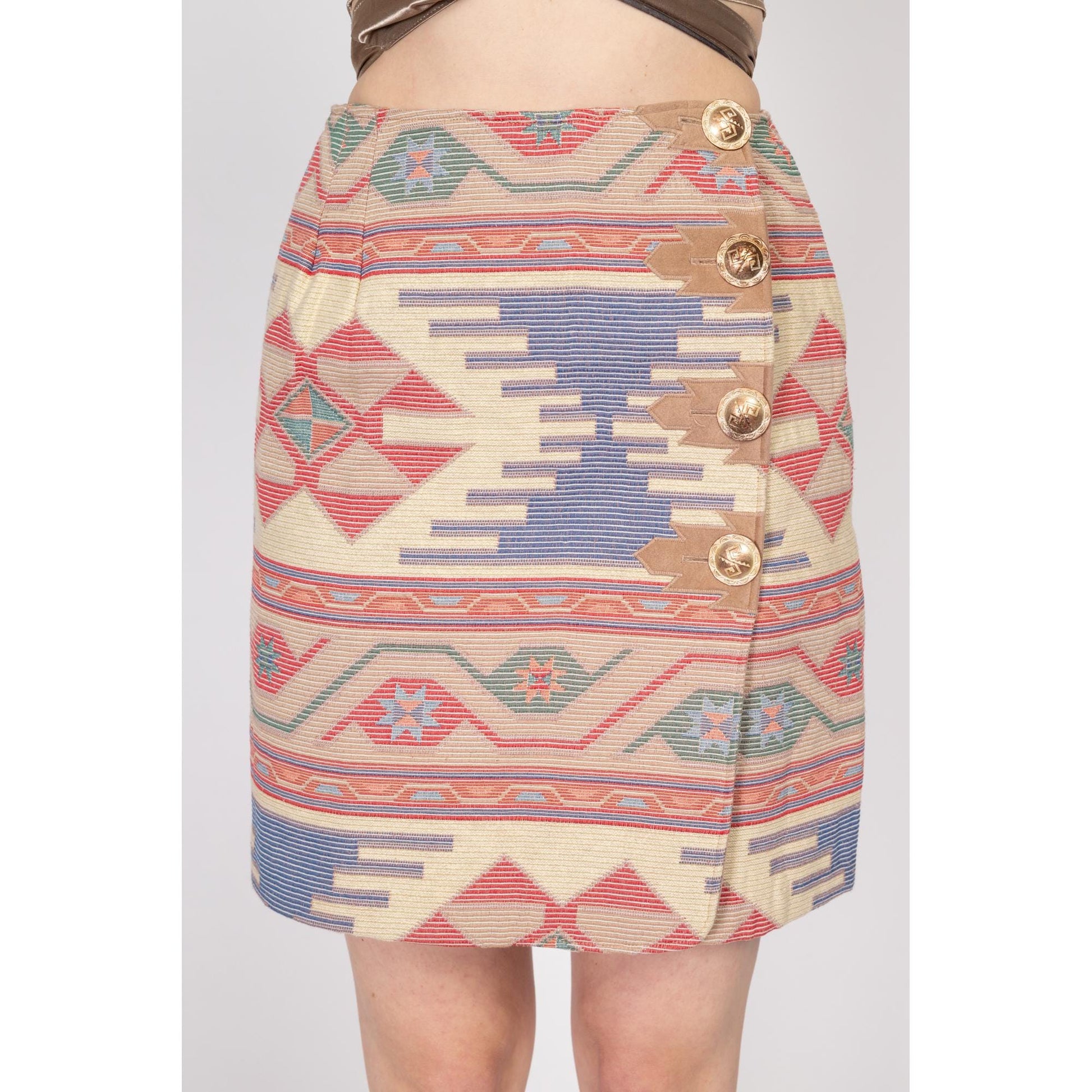 Small 90s Southwestern Woven Mini Pencil Skirt 26" | Vintage High Waisted Fitted Wrap Skirt