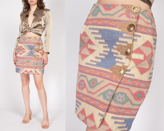 Small 90s Southwestern Woven Mini Pencil Skirt 26" | Vintage High Waisted Fitted Wrap Skirt