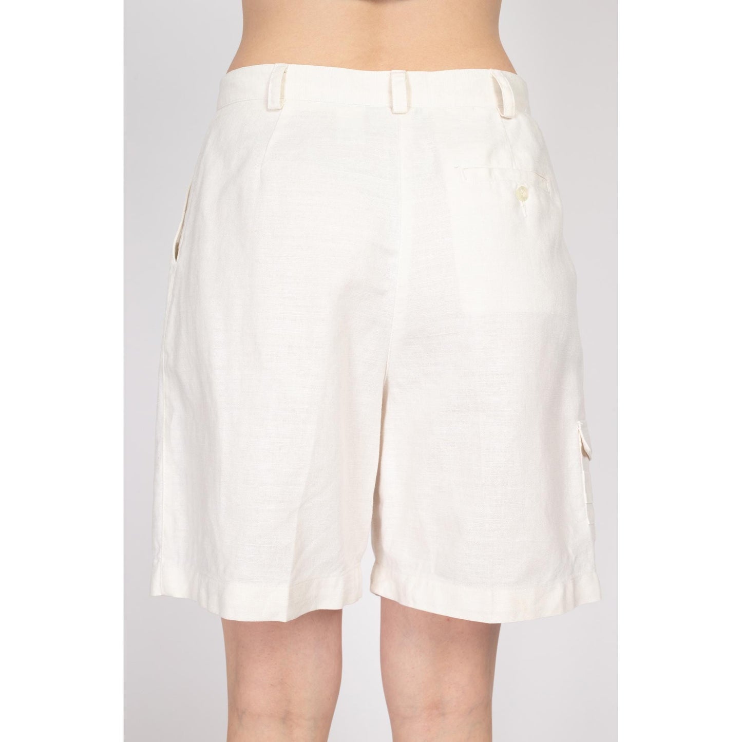 Med-Lrg 90s Liz Claiborne White Linen Blend Shorts 30" | Vintage Lizgolf High Waisted Casual Mom Shorts