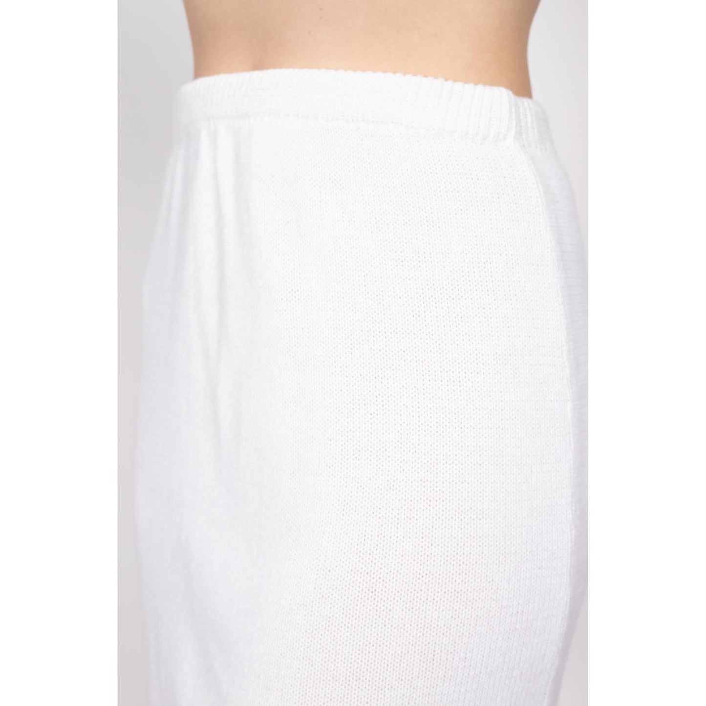 Med-Lrg 90s White Pointelle Knit Mini Skirt | Vintage High Waisted Knee Length Pencil Skirt