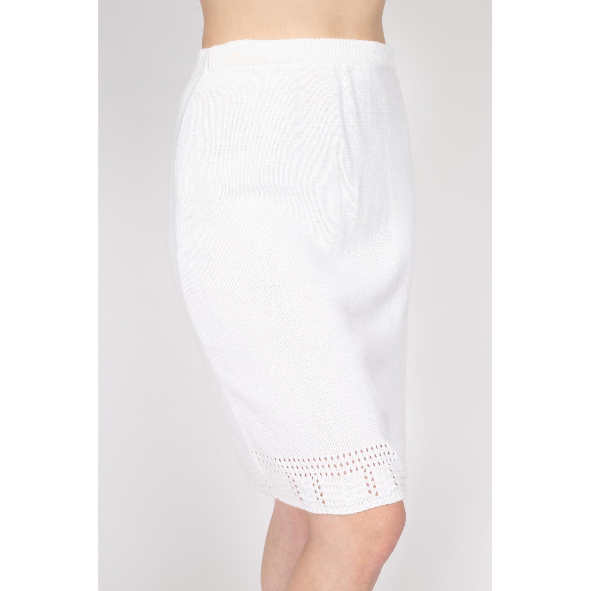 Med-Lrg 90s White Pointelle Knit Mini Skirt | Vintage High Waisted Knee Length Pencil Skirt