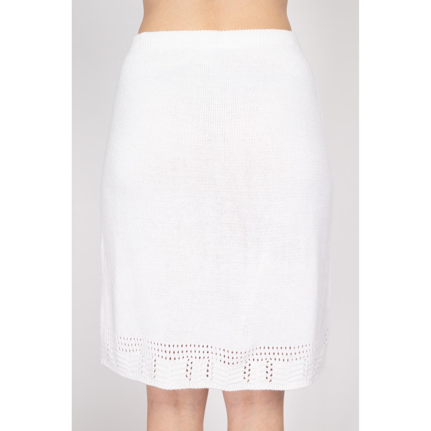 Med-Lrg 90s White Pointelle Knit Mini Skirt | Vintage High Waisted Knee Length Pencil Skirt