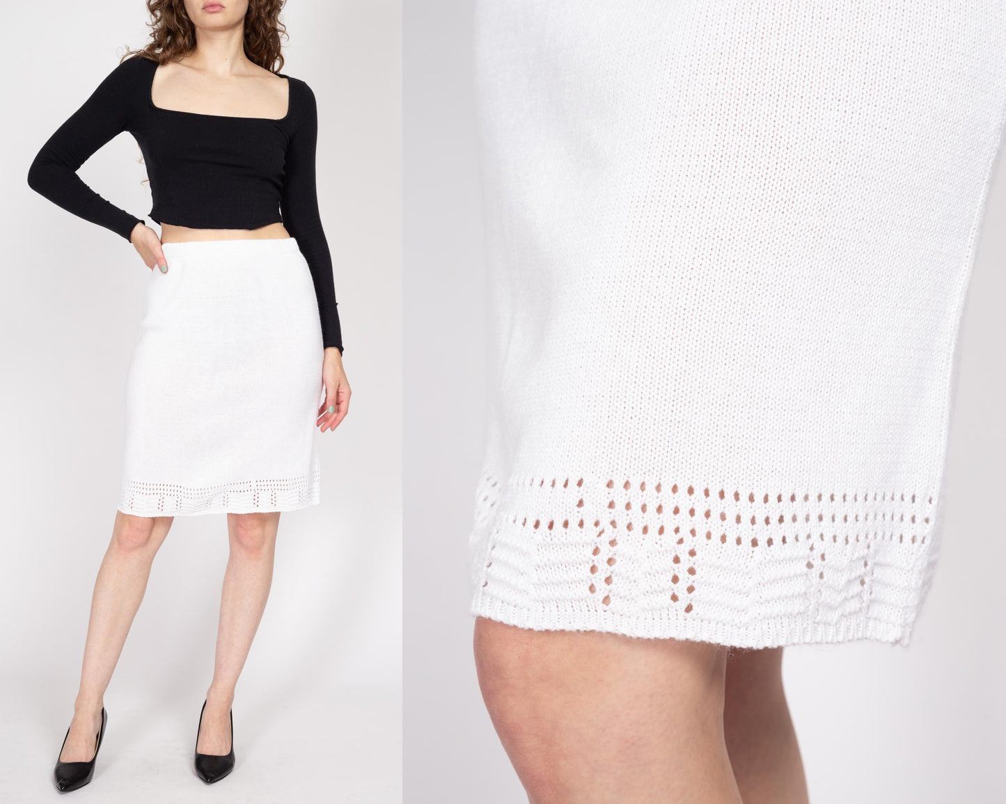 Med-Lrg 90s White Pointelle Knit Mini Skirt | Vintage High Waisted Knee Length Pencil Skirt