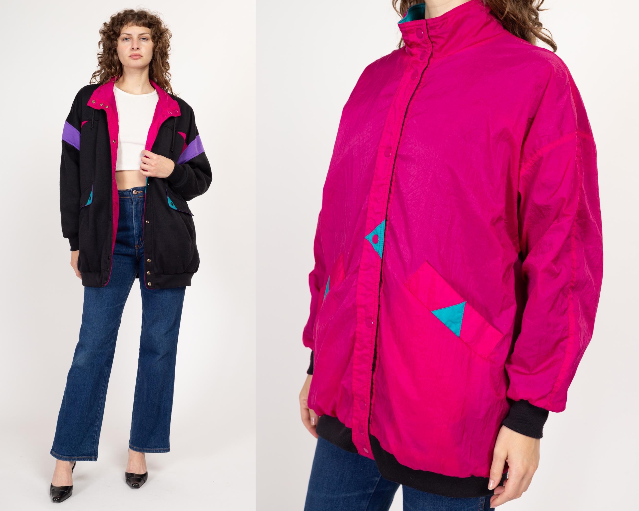 80's Bright Hot Pink Chevron store Quilted Mock Neck Shirred Bomber Windbreaker Jacket