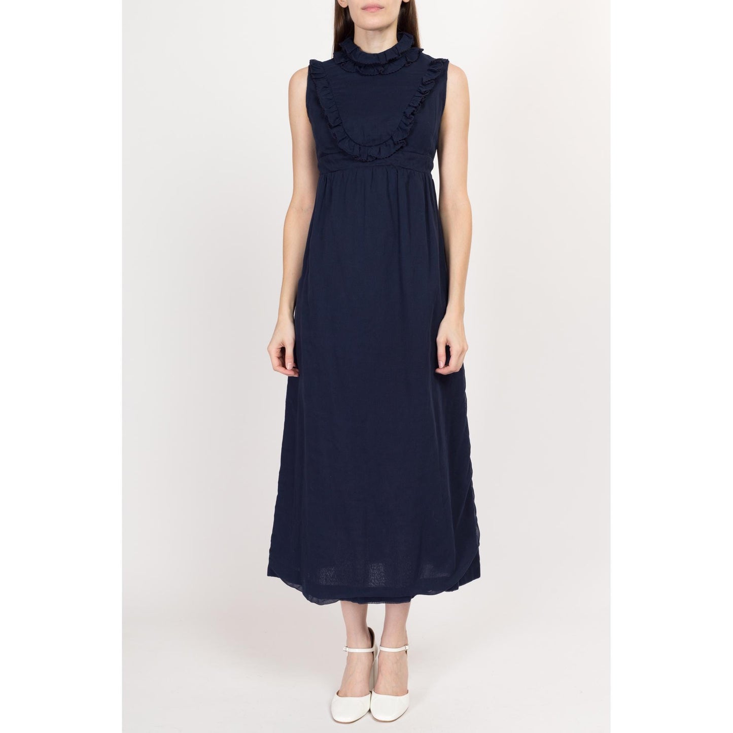 Small 60s Navy Blue Bib Maxi Dress | Boho Vintage A Line Sleeveless Prairie Dress