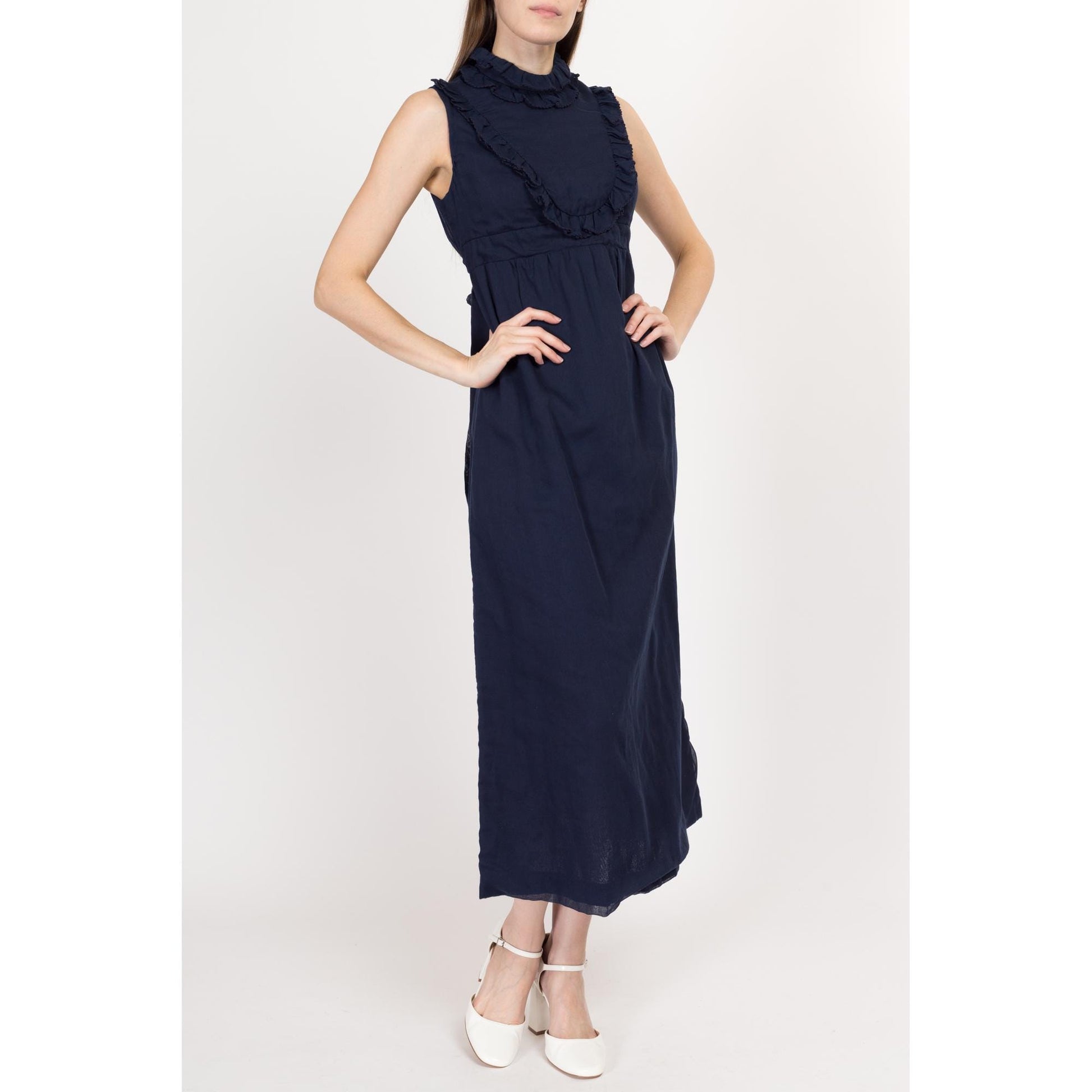 Small 60s Navy Blue Bib Maxi Dress | Boho Vintage A Line Sleeveless Prairie Dress