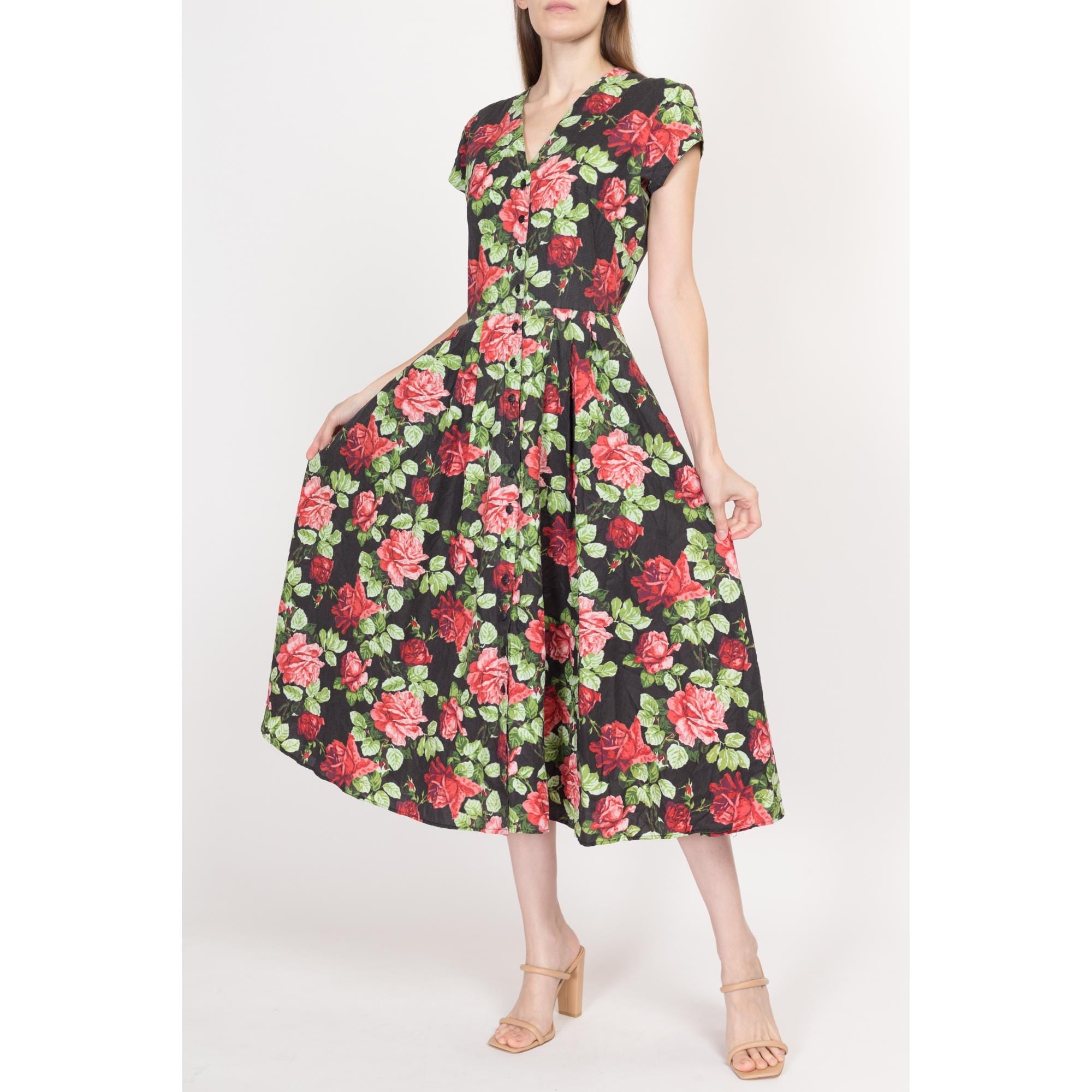 Small 80s Rose Print Black Floral Fit & Flare Dress – Flying Apple Vintage