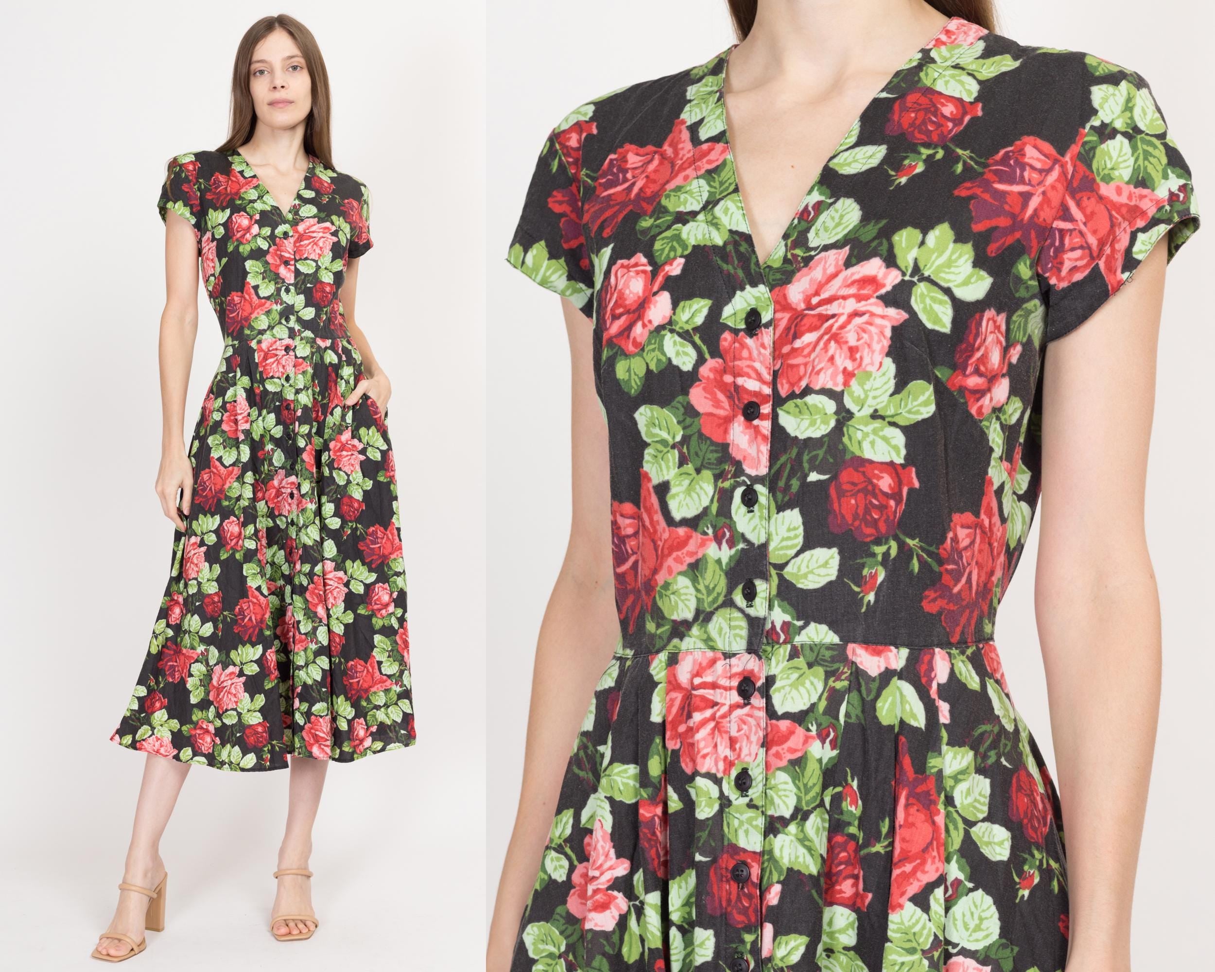 Small 80s Rose Print Black Floral Fit & Flare Dress – Flying Apple Vintage