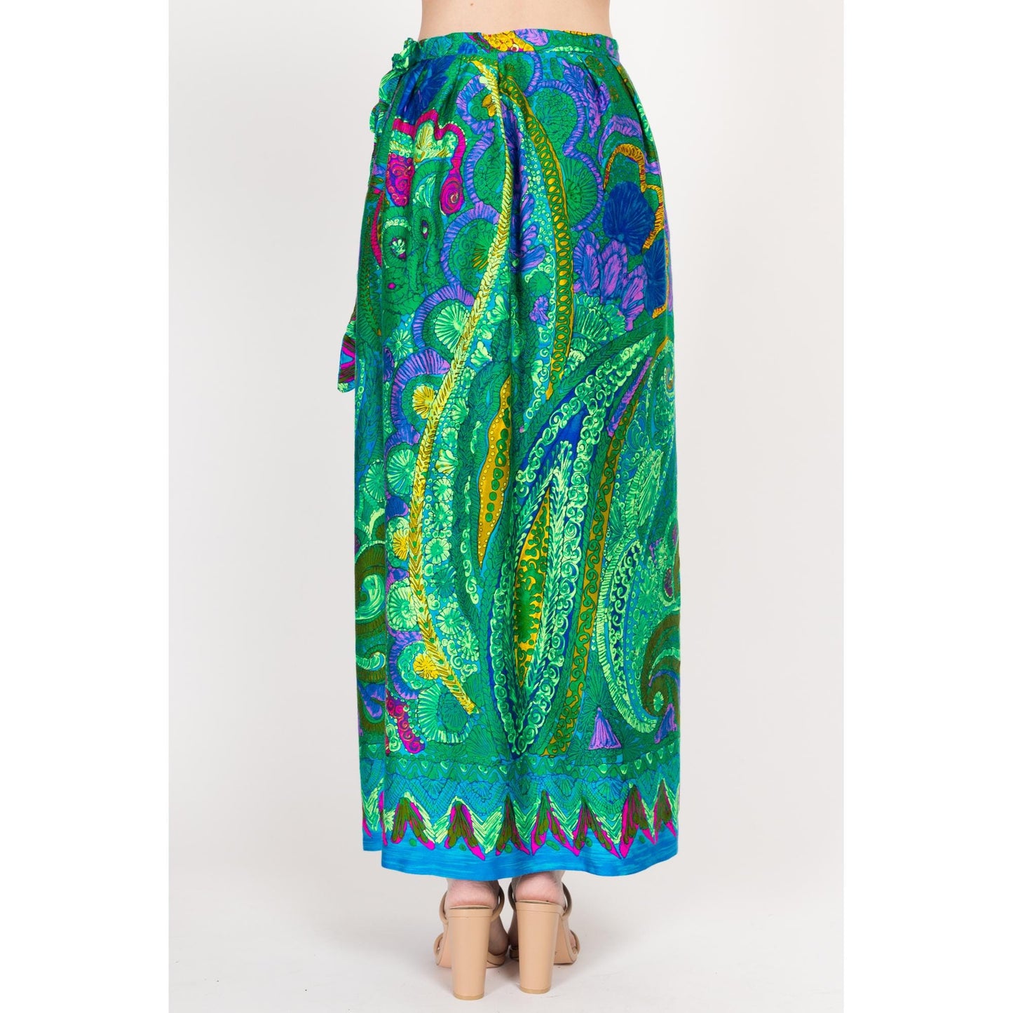 Medium 70s Green Batik Barkcloth Maxi Wrap Skirt | Vintage High Waisted A Line Boho Tropical Floral Skirt