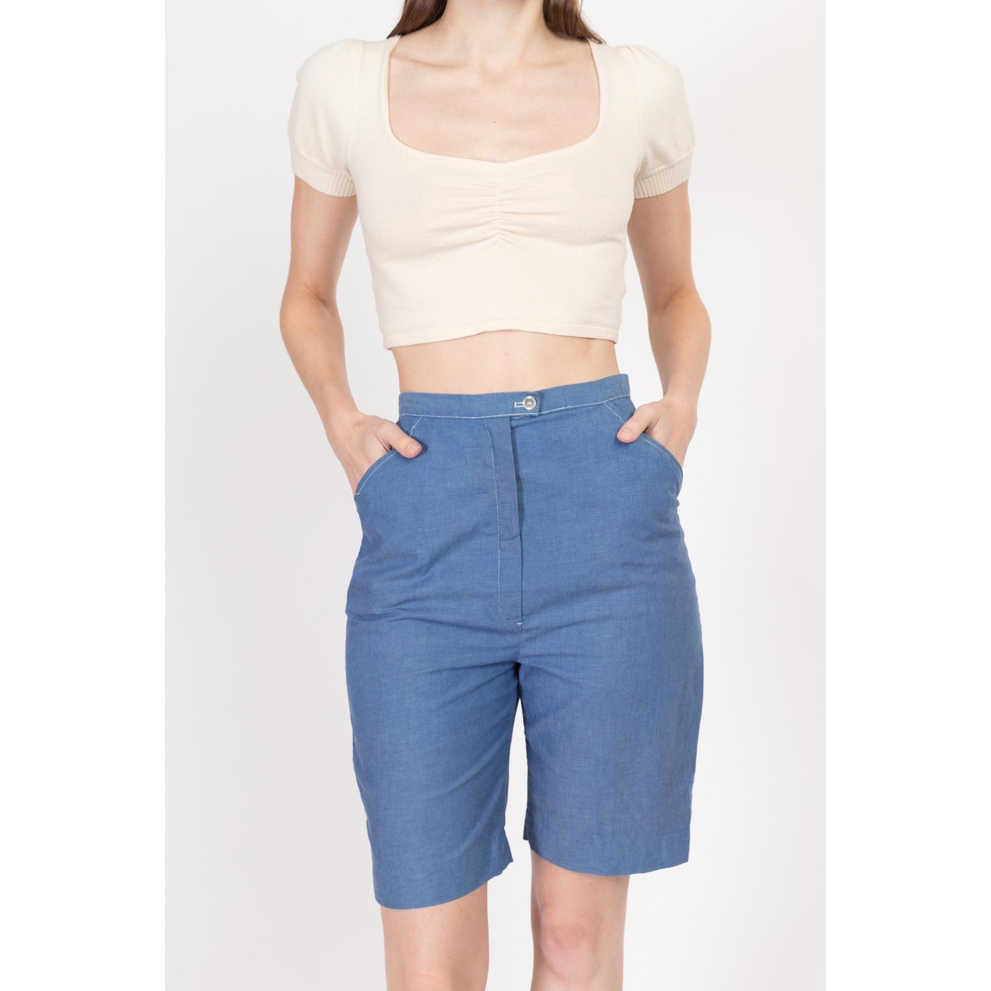 XS 60s Blue High Waisted Bermuda Shorts 25" | Retro Vintage Hourglass Curvy Fit Long Inseam Shorts