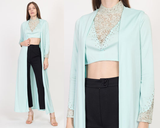 XS-Sm 70s Mint Rhinestone Crop Top & Maxi Jacket Matching Set | Vintage Blue Green Long Vest Two Piece Disco Outfit