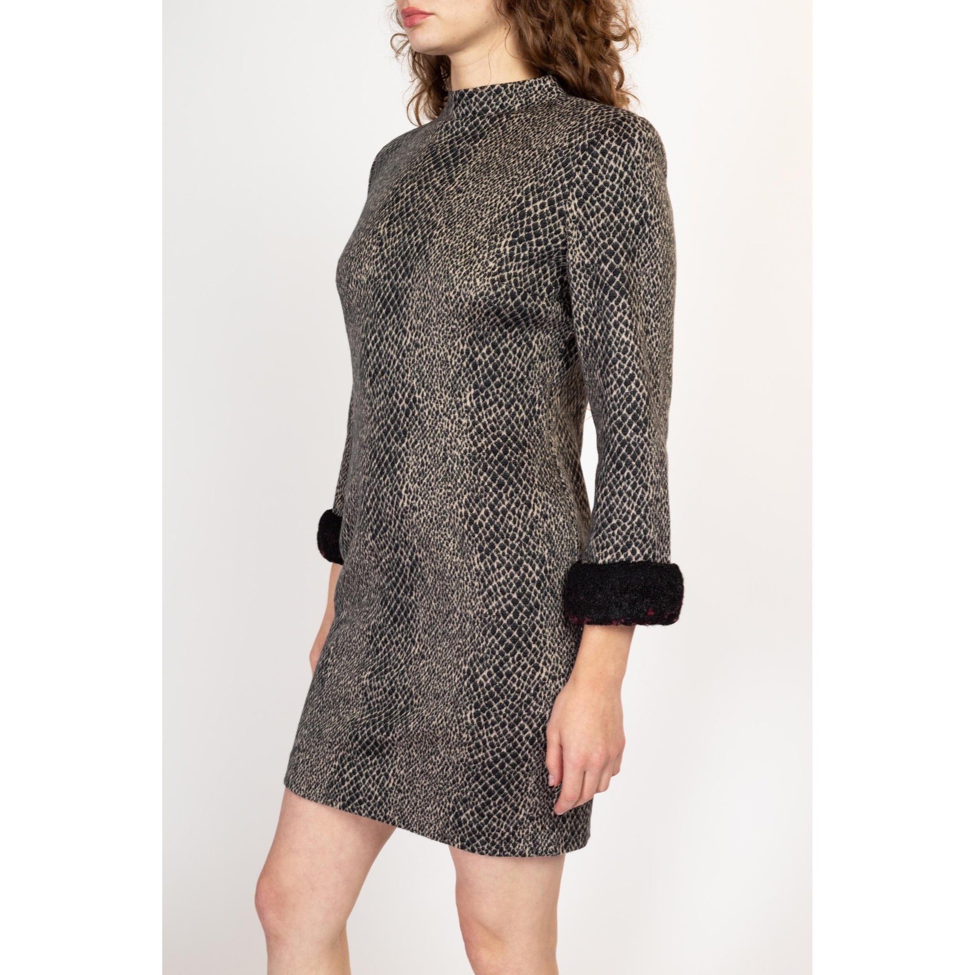 Med-Lrg 90s Snakeskin Faux Fur Trim Bodycon Mini Dress | Vintage Mockneck Long Sleeve Jersey Knit Animal Print Cocktail Party Dress