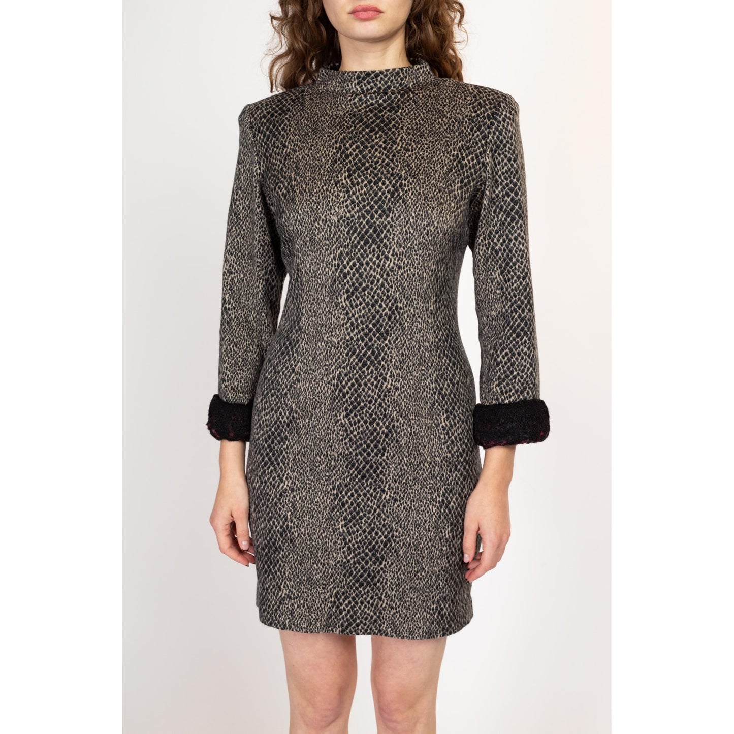 Med-Lrg 90s Snakeskin Faux Fur Trim Bodycon Mini Dress | Vintage Mockneck Long Sleeve Jersey Knit Animal Print Cocktail Party Dress