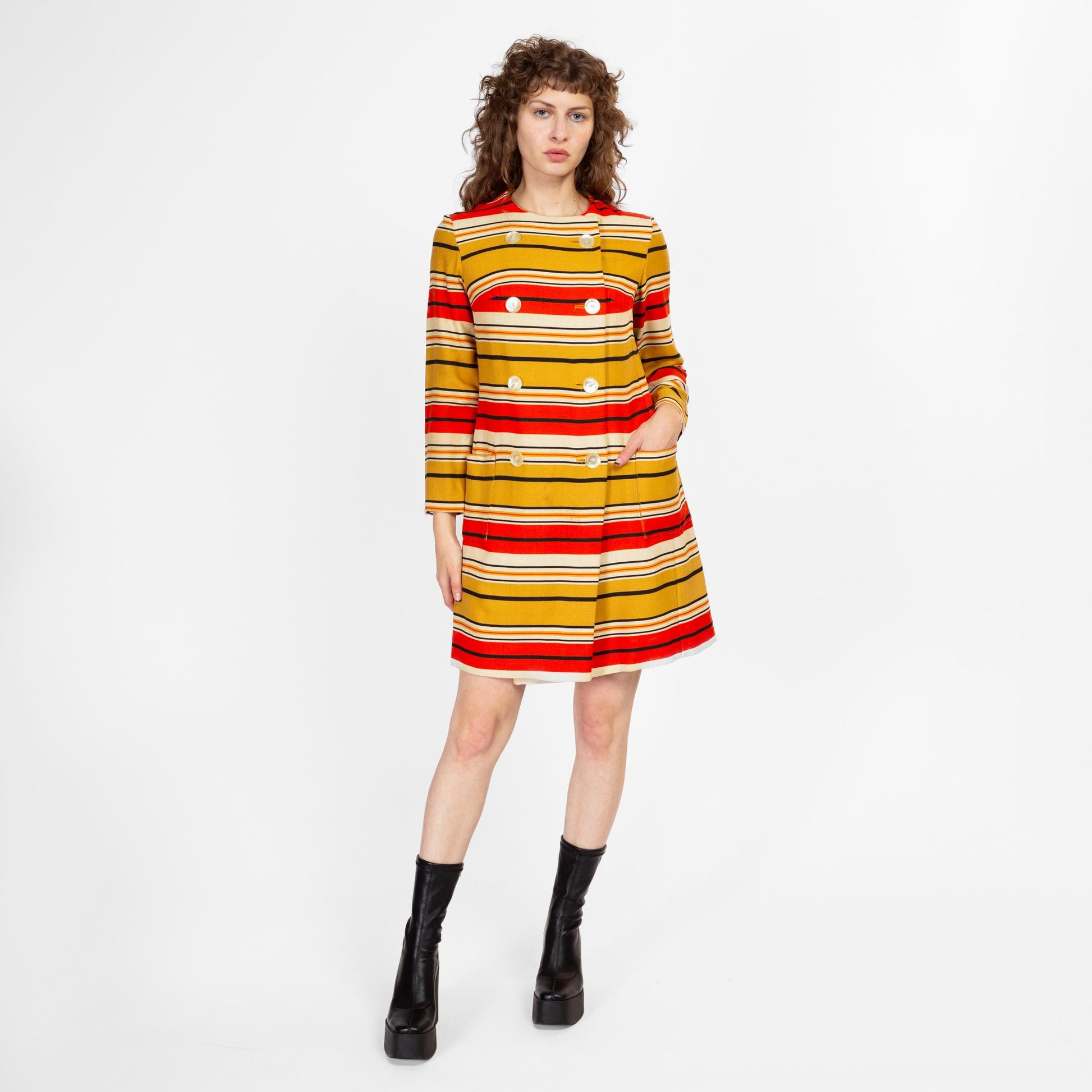 Small 60s Mod Red & Yellow Striped Mini Wrap Dress | Vintage Long Sleeve Double Breasted Jacket Dress