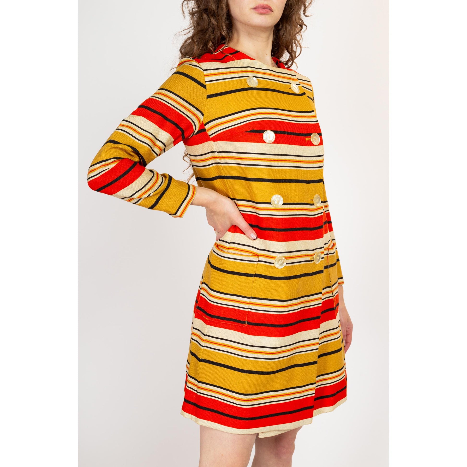 Small 60s Mod Red & Yellow Striped Mini Wrap Dress | Vintage Long Sleeve Double Breasted Jacket Dress