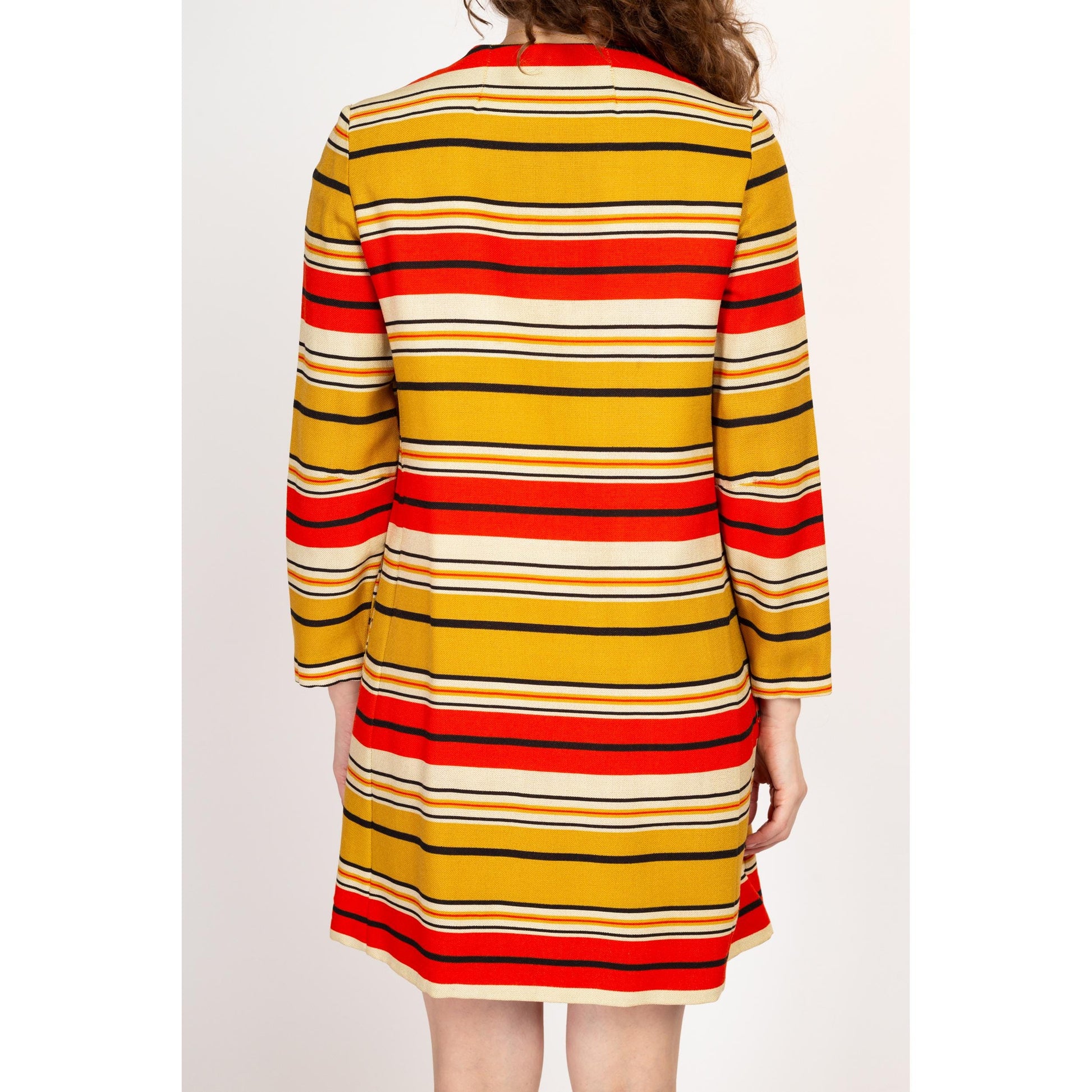 Small 60s Mod Red & Yellow Striped Mini Wrap Dress | Vintage Long Sleeve Double Breasted Jacket Dress