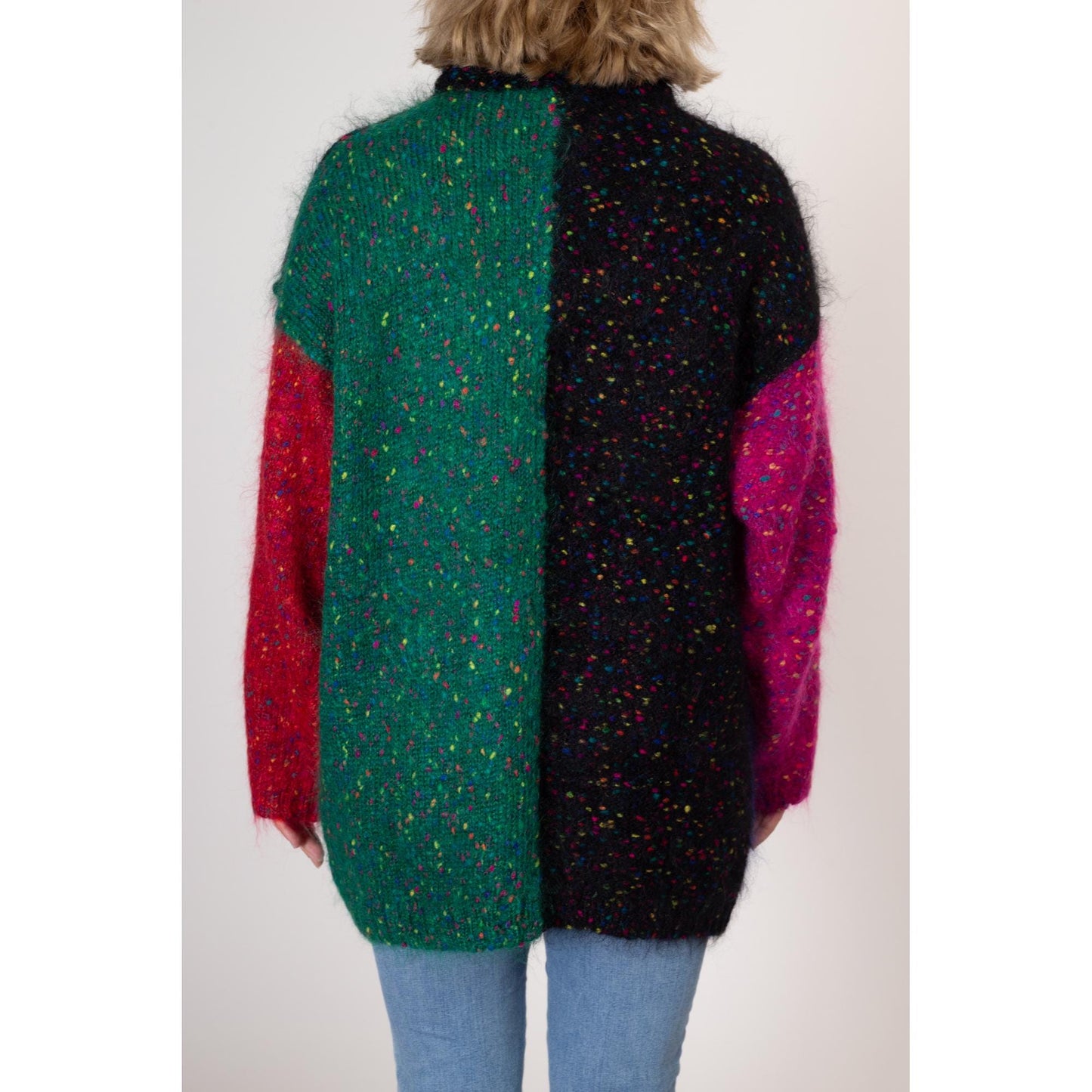 Large 90s Mohair Color Block Sweater | Vintage Fuzzy Knit Flecked Long Oversize Sweater