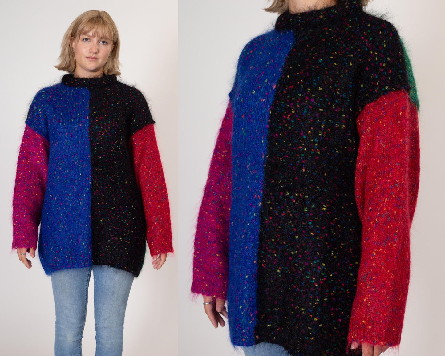 Large 90s Mohair Color Block Sweater | Vintage Fuzzy Knit Flecked Long Oversize Sweater