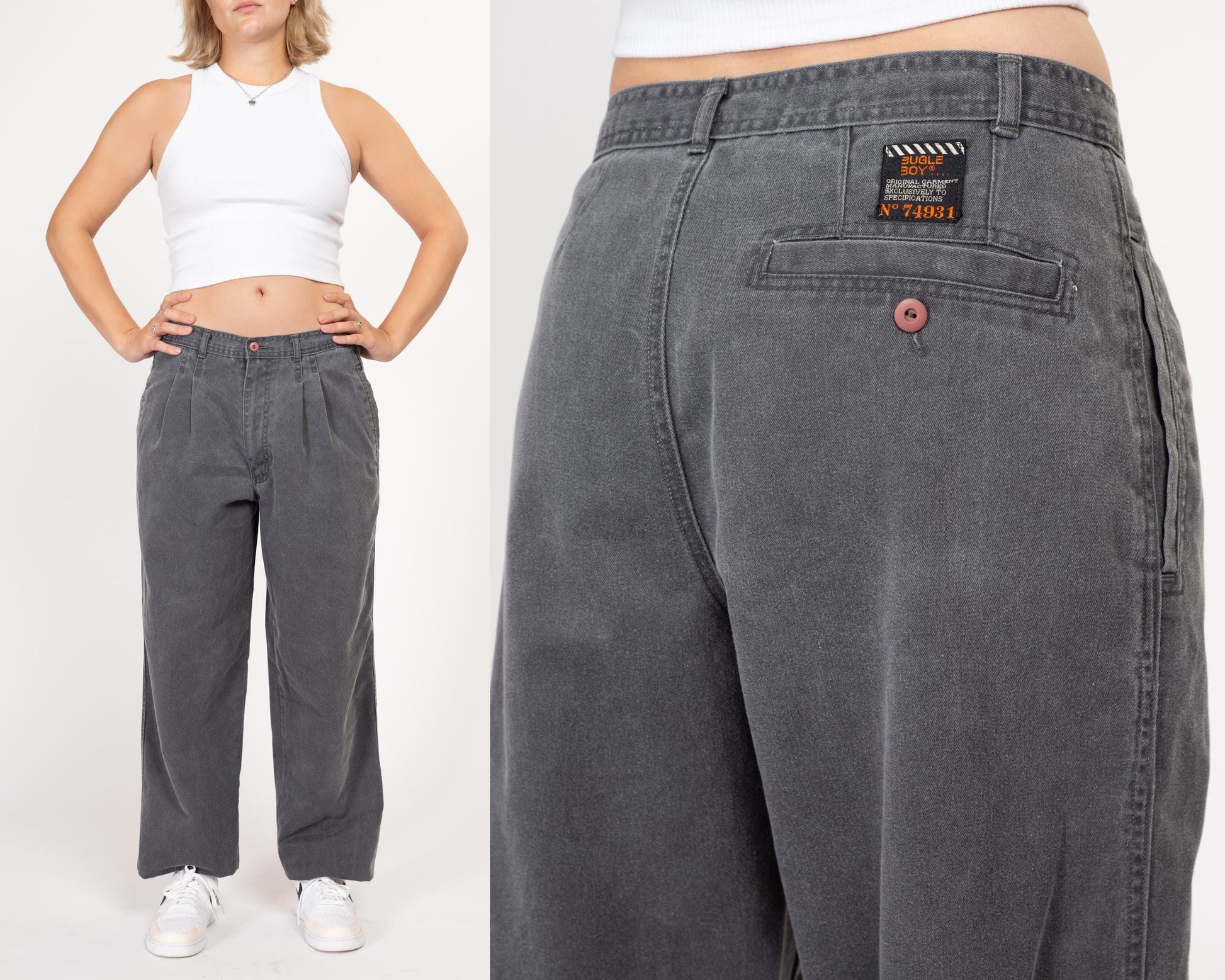 Large 90s Bugle Boy Grey Cotton Pleated Pants 31" | Vintage Grunge Tapered Leg High Waisted Denim Pants