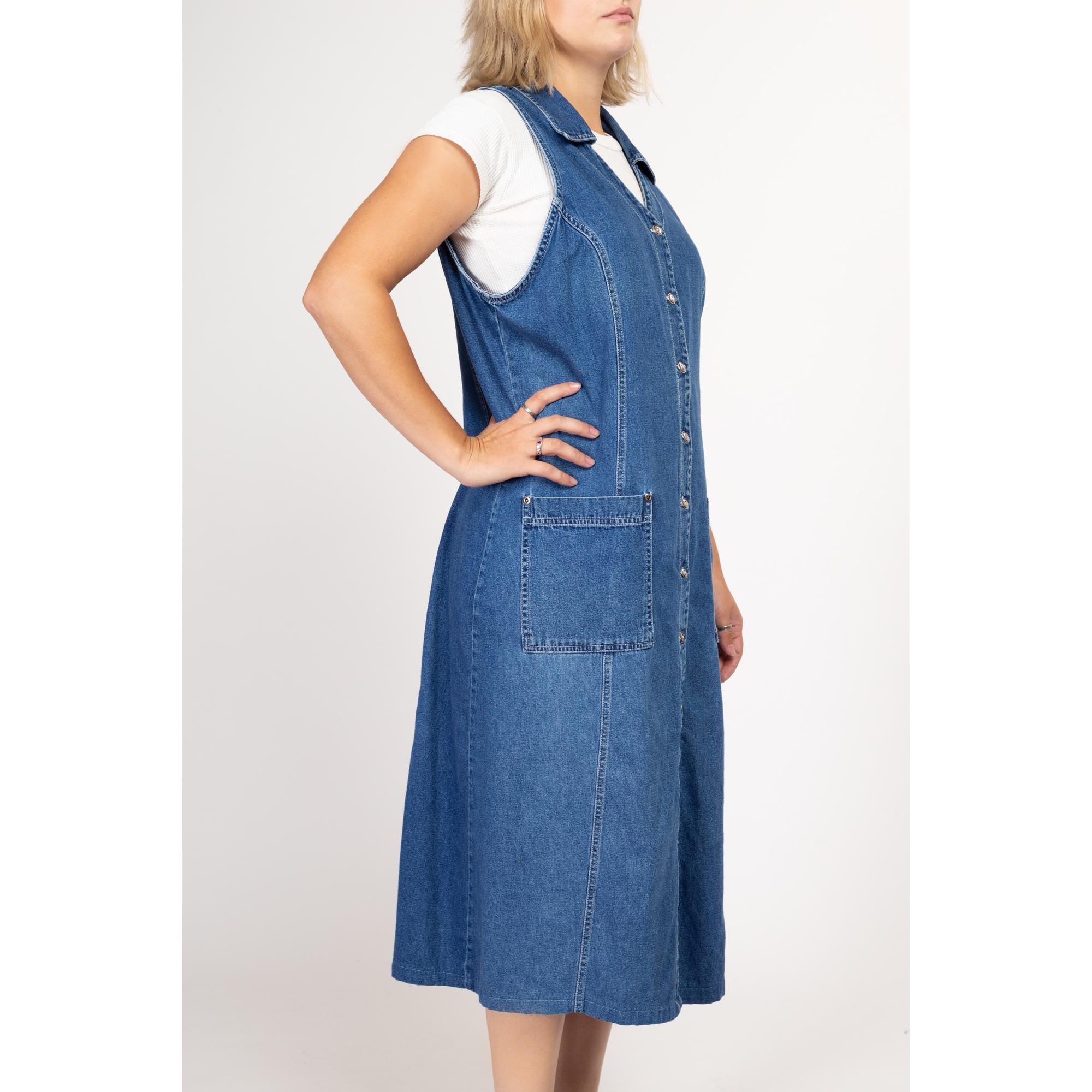 Large 90s Denim Midi Pinafore Dress Flying Apple Vintage