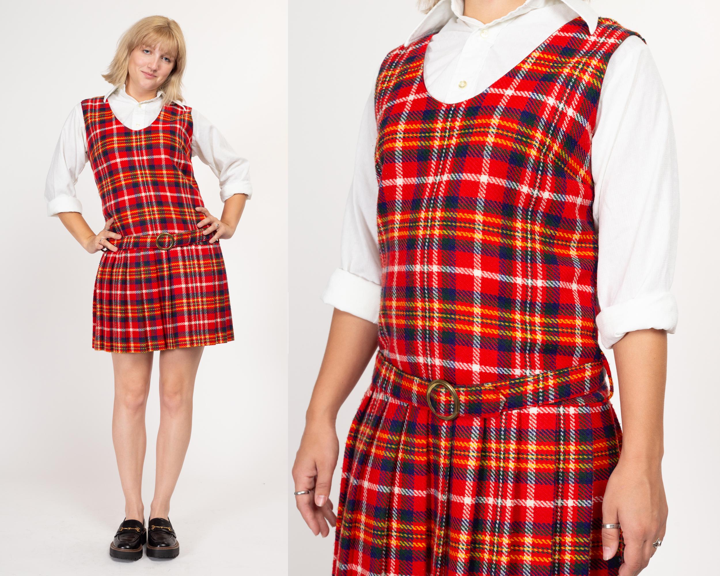 Large 60s Red Plaid Drop Waist Schoolgirl Dress Flying Apple Vintage