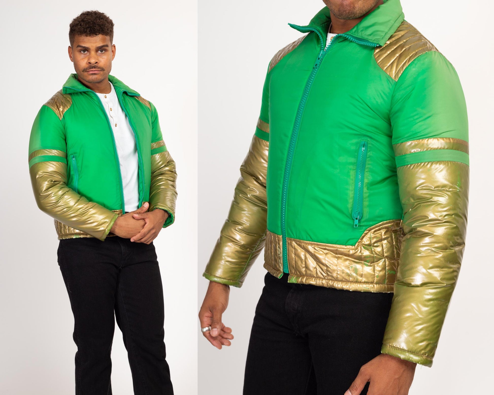 Small 80s Green & Gold Metallic Color Block Ski Jacket | Retro Vintage Zip Up Puffy Winter Coat