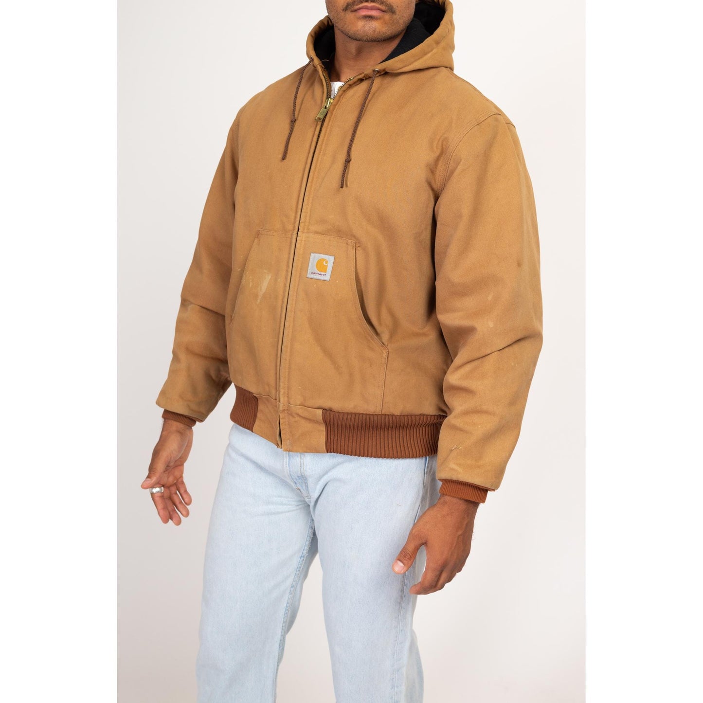 Large 90s Carhartt Tan Hooded Active Jacket | Vintage Union Made In USA Duck Canvas Oversize Workwear Coat