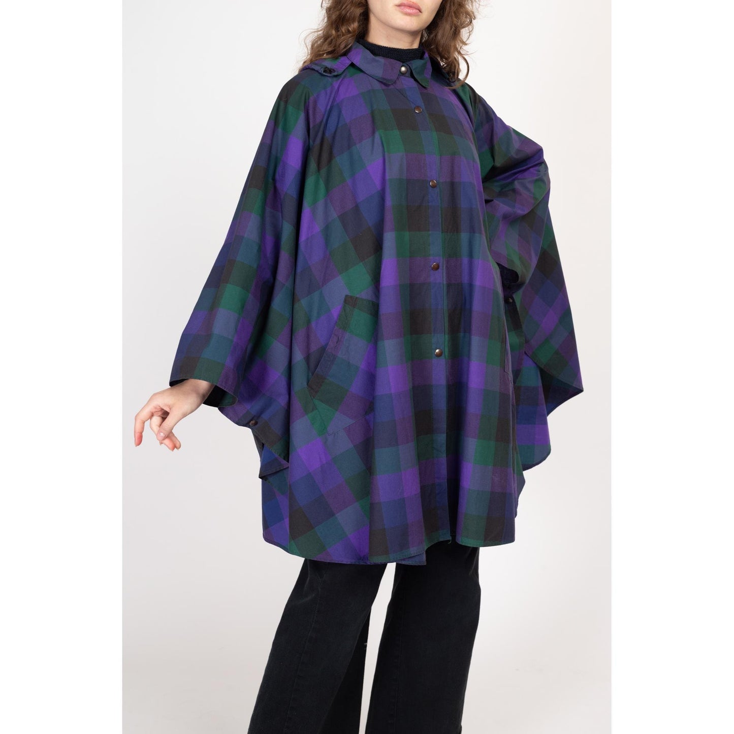 One Size 90s Purple Plaid Hooded Rain Poncho | Vintage Cotton Oversized Raincoat