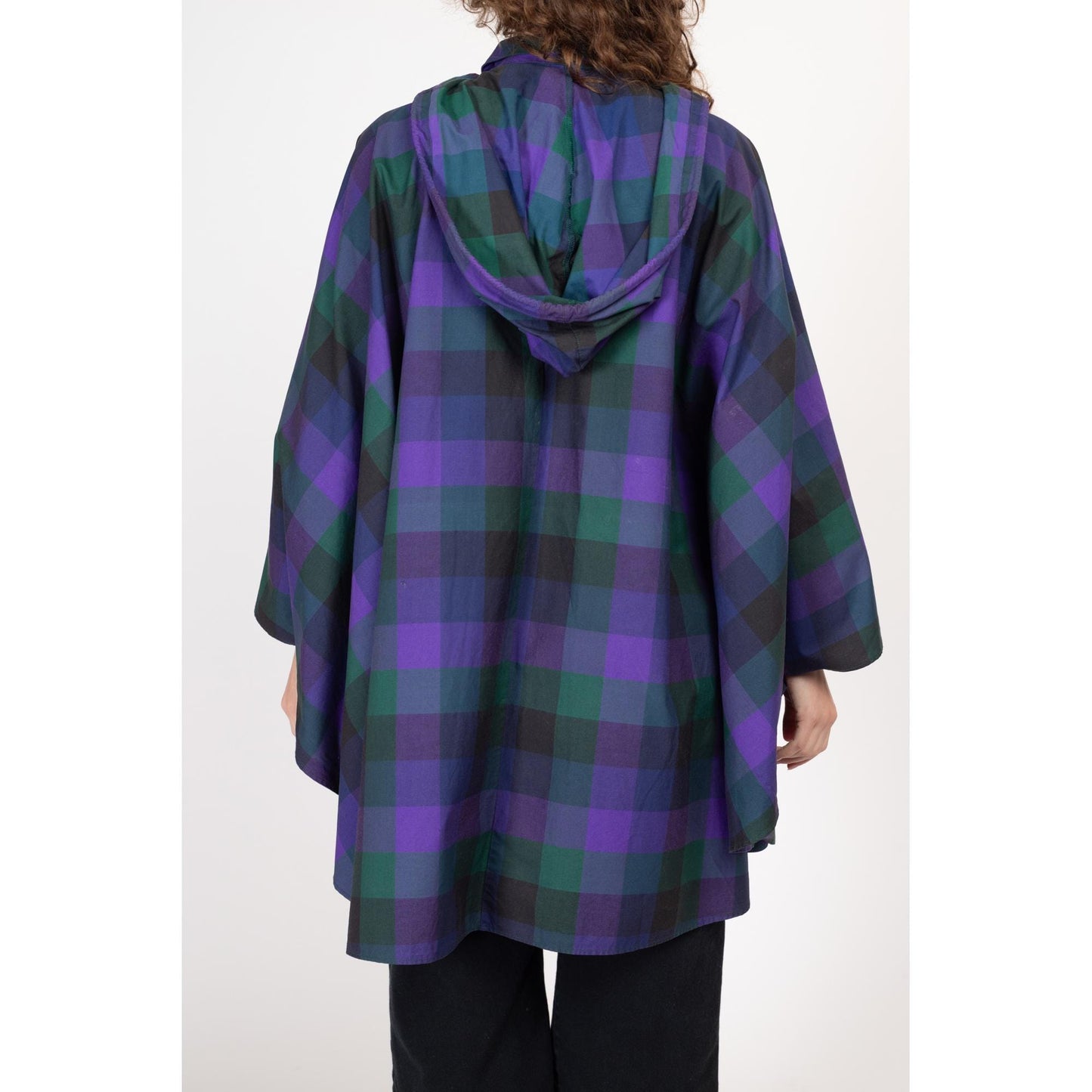 One Size 90s Purple Plaid Hooded Rain Poncho | Vintage Cotton Oversized Raincoat