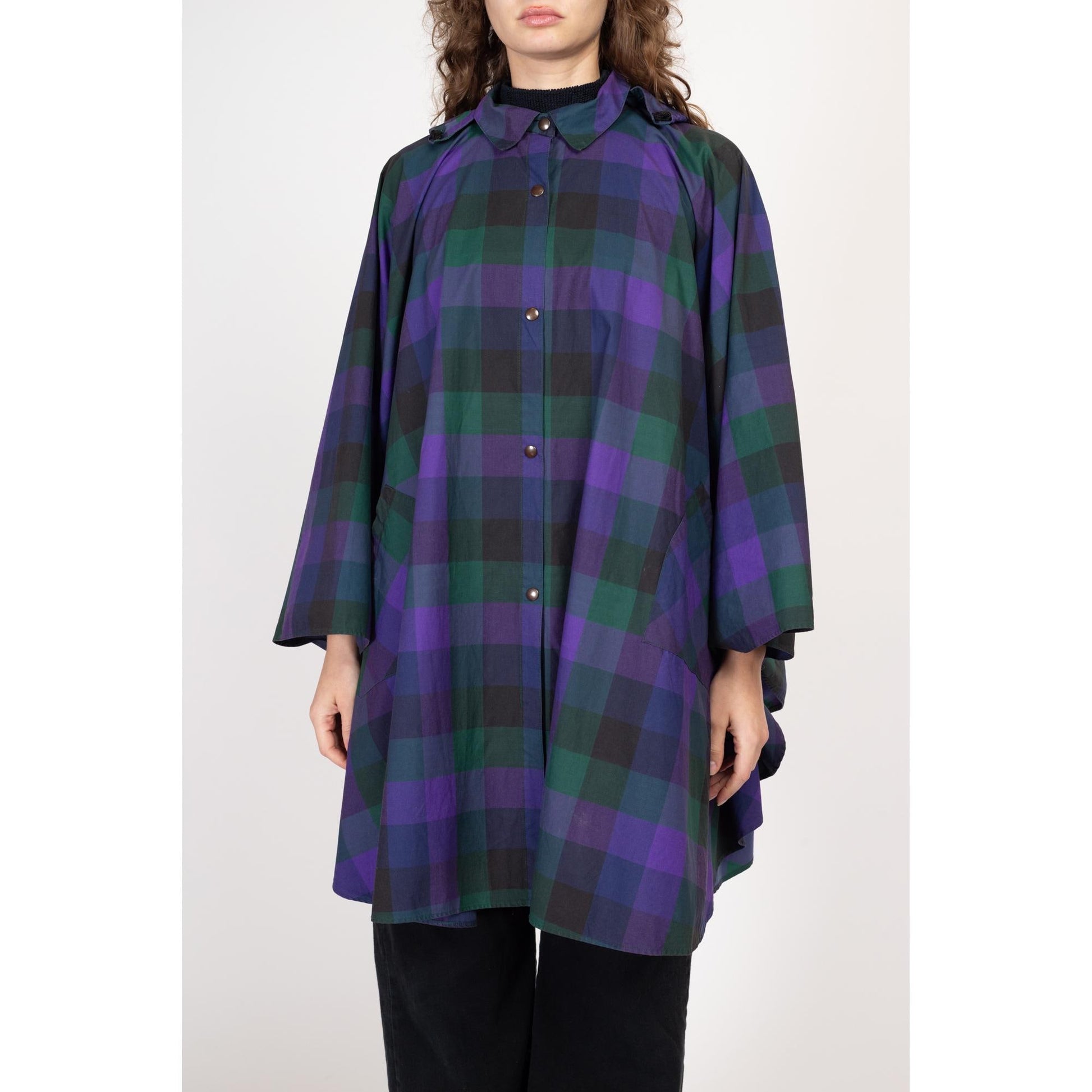 One Size 90s Purple Plaid Hooded Rain Poncho | Vintage Cotton Oversized Raincoat