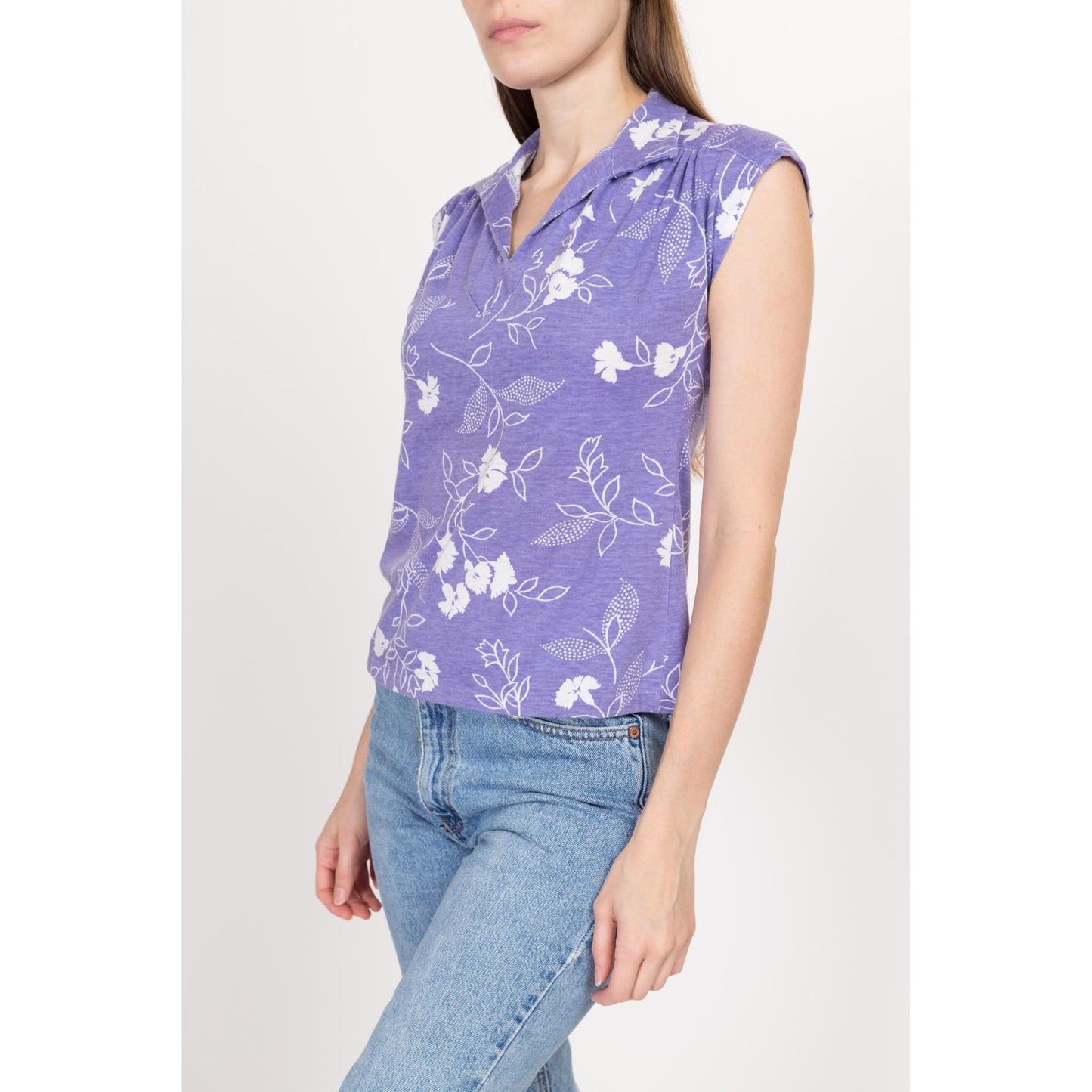 Small 80s Purple Floral Cap Sleeve Top | Vintage Girly Collared Polo Shirt