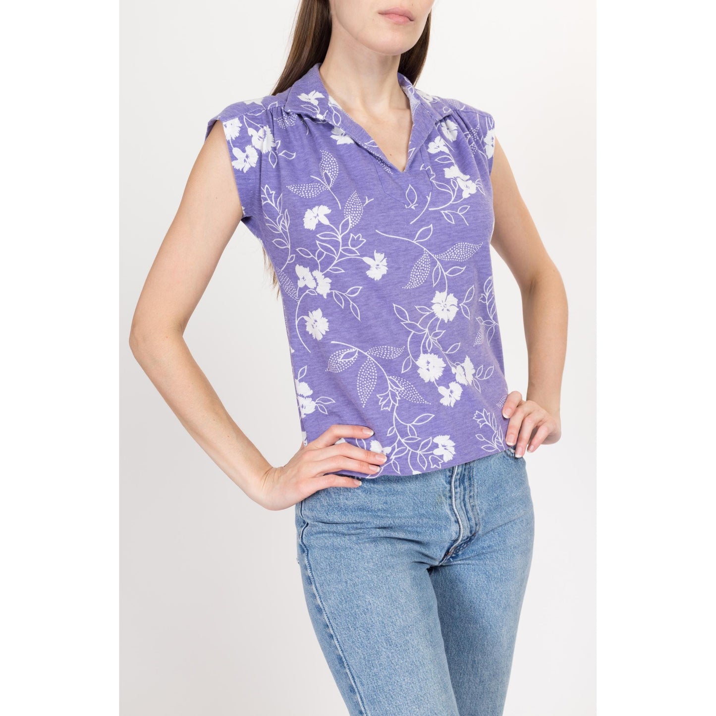 Small 80s Purple Floral Cap Sleeve Top | Vintage Girly Collared Polo Shirt