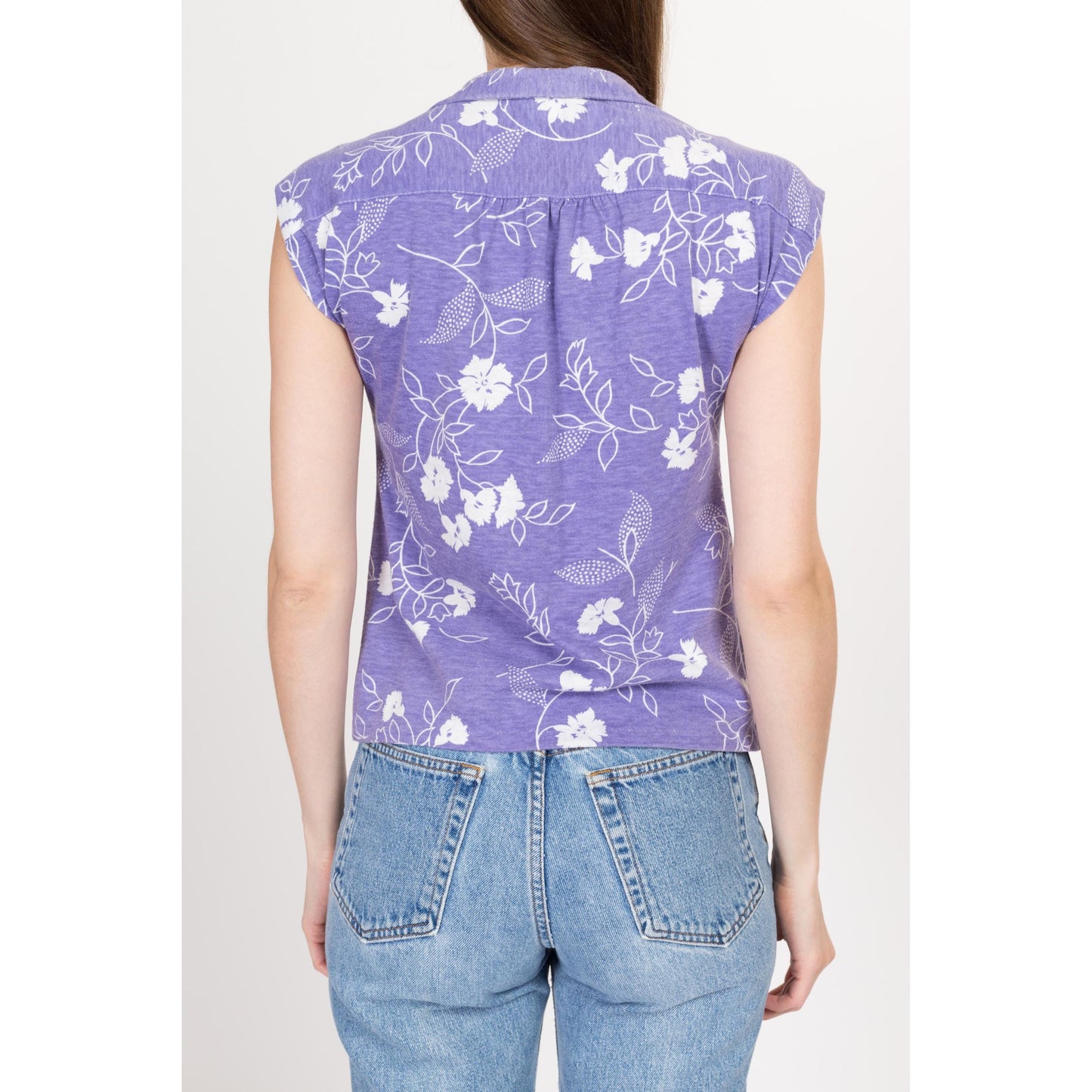 Small 80s Purple Floral Cap Sleeve Top | Vintage Girly Collared Polo Shirt