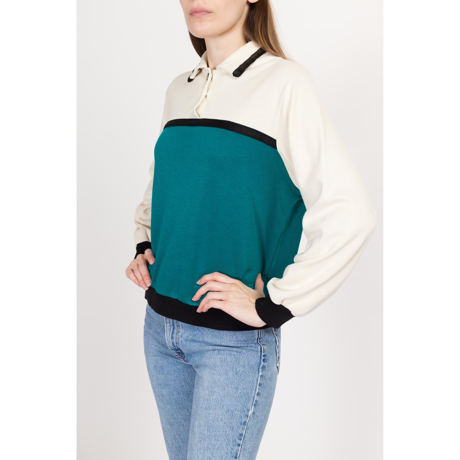 Medium 80s Color Block Collared Sweatshirt Top | Vintage Grunge Tri-Tone Pullover Shirt