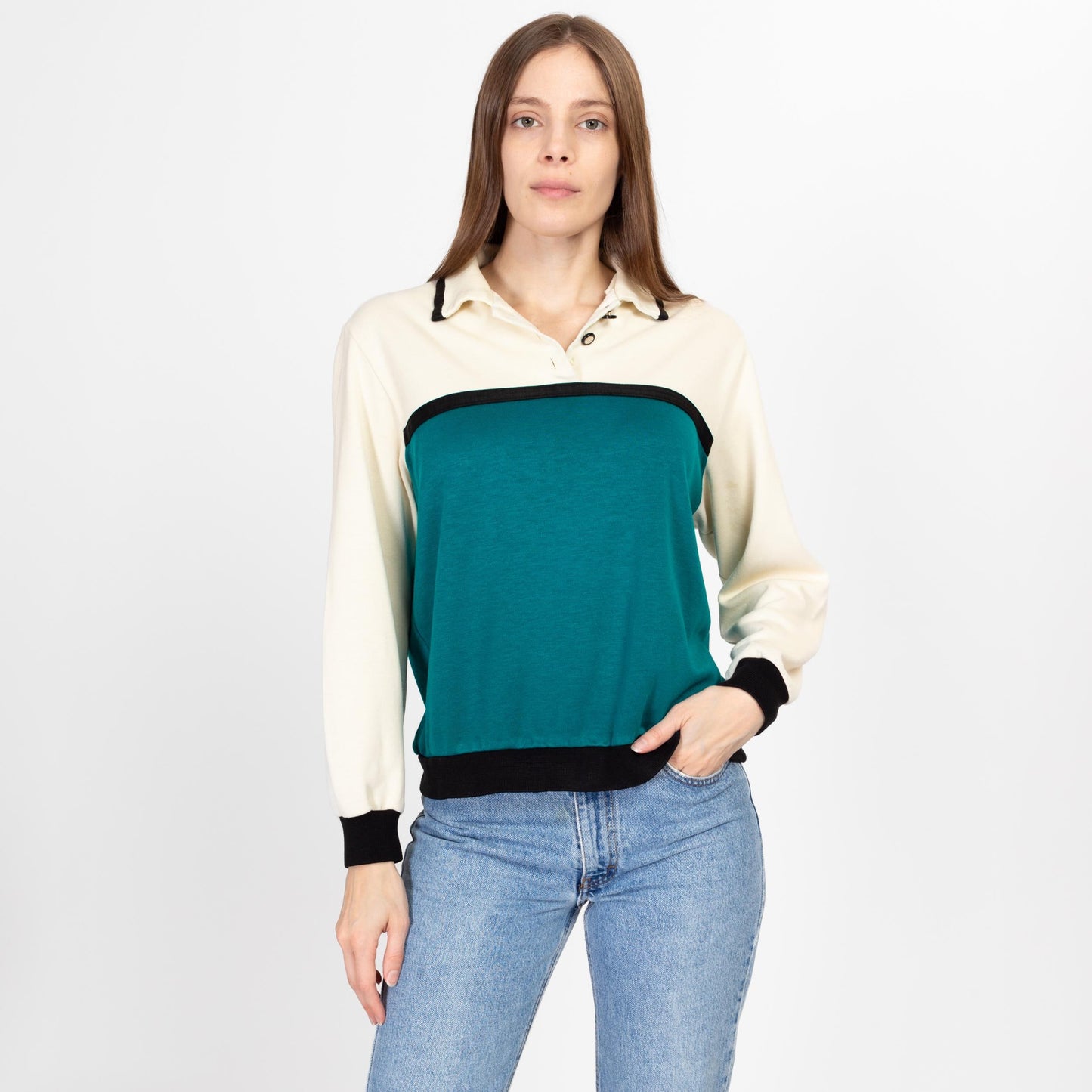 Medium 80s Color Block Collared Sweatshirt Top | Vintage Grunge Tri-Tone Pullover Shirt