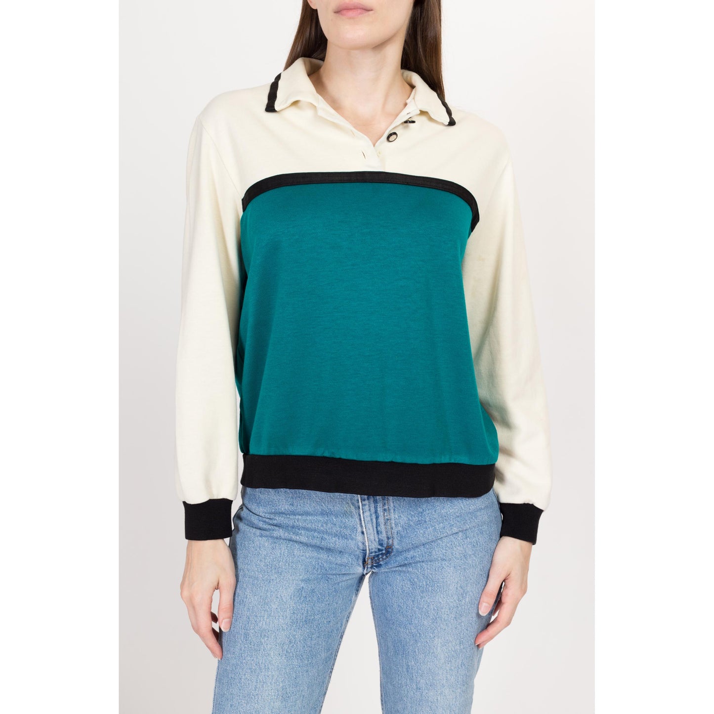 Medium 80s Color Block Collared Sweatshirt Top | Vintage Grunge Tri-Tone Pullover Shirt