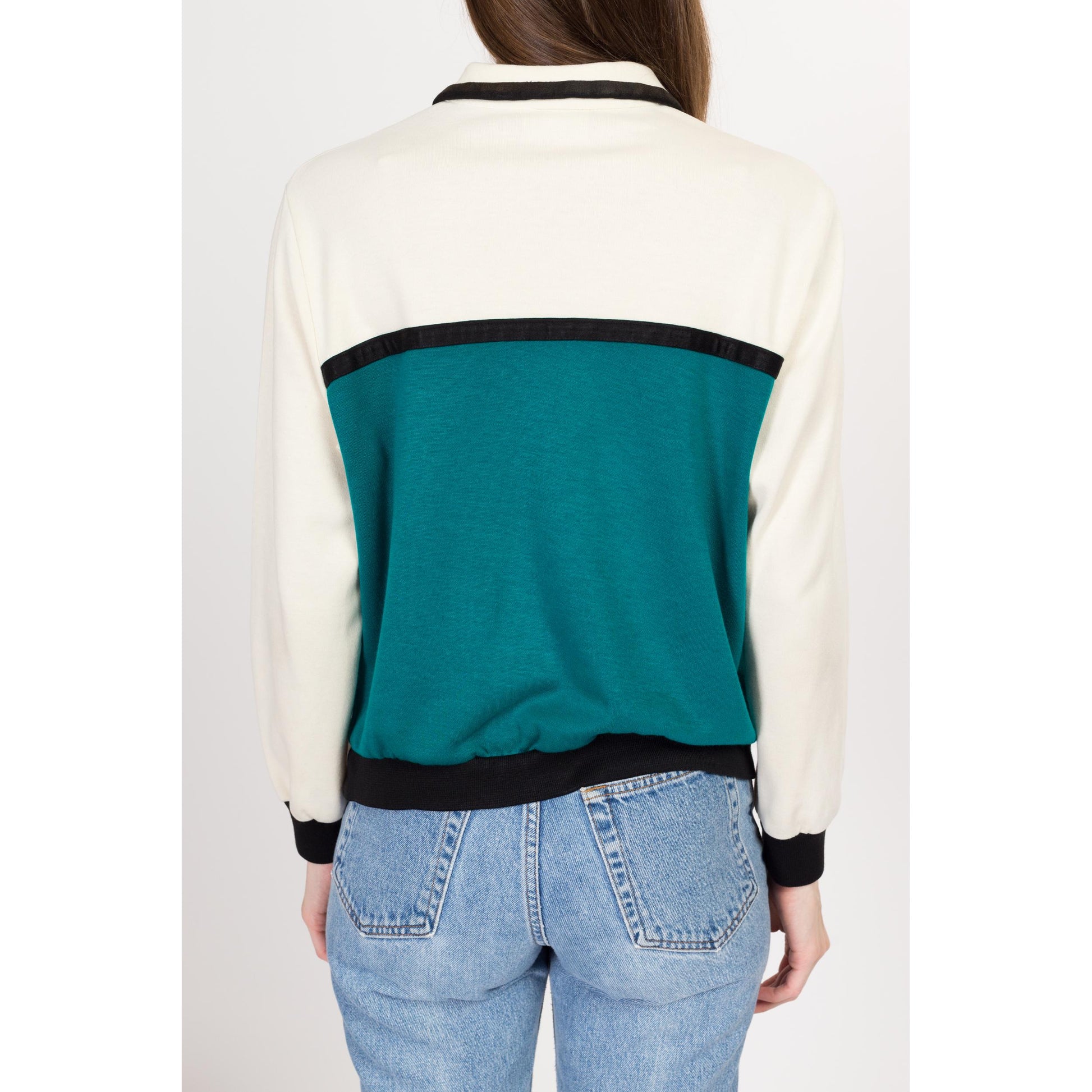 Medium 80s Color Block Collared Sweatshirt Top | Vintage Grunge Tri-Tone Pullover Shirt